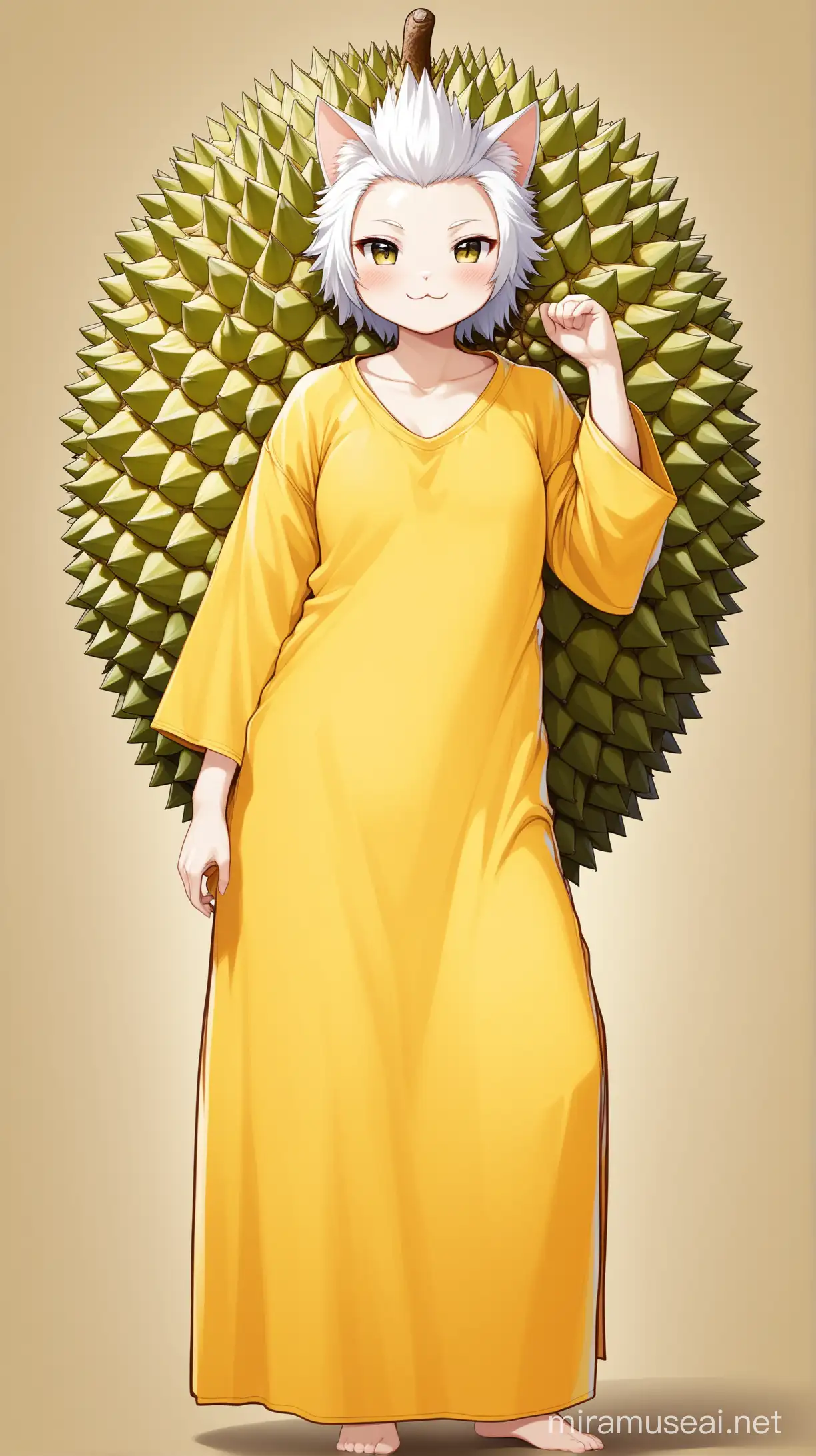 un chat humain comme durian au cheveux de la couleur du fruit durian, porte de longs vêtements