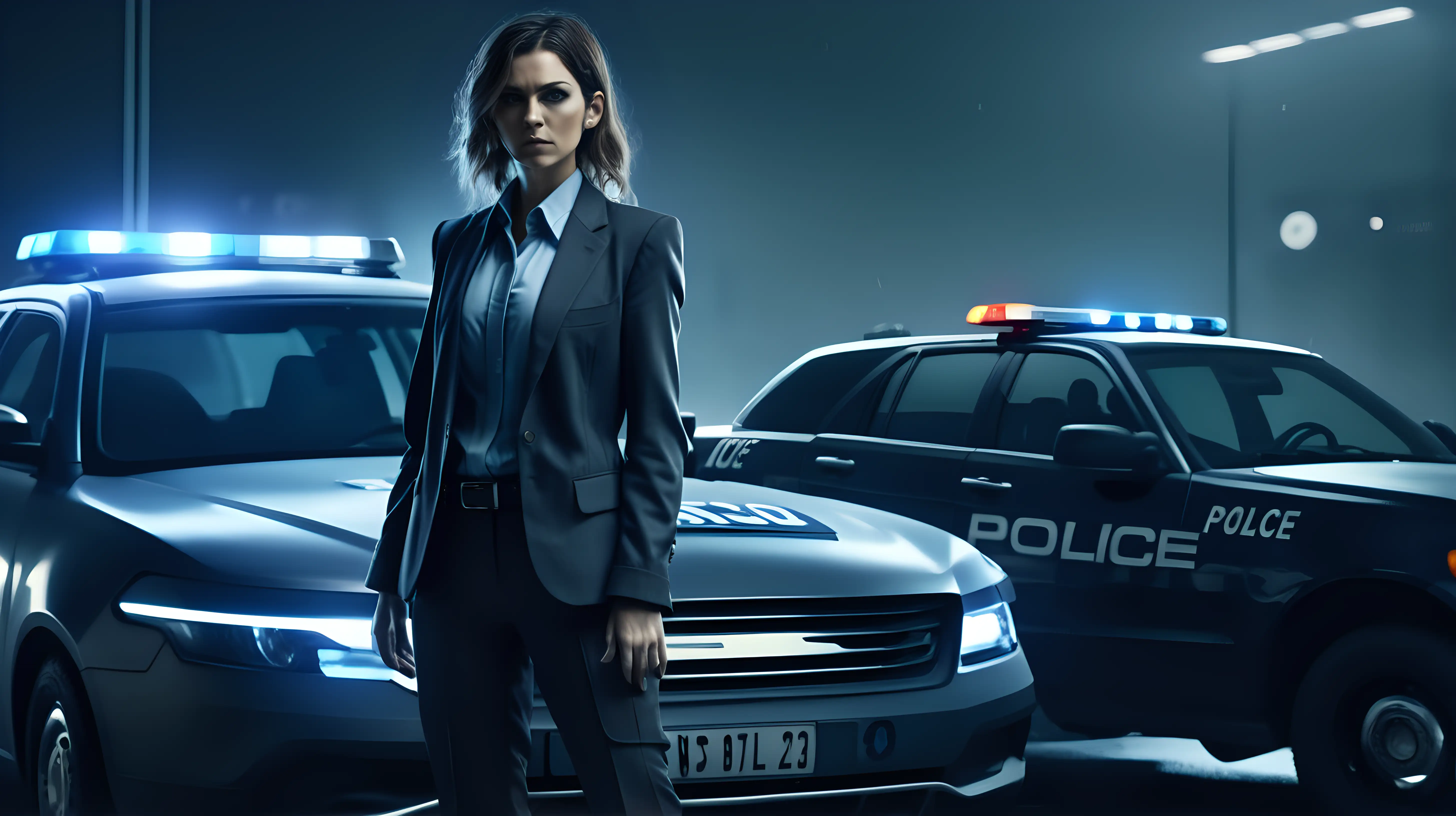 female detective dressed in suit standing in front of police car. futuristic, dystopia, dark, realistic