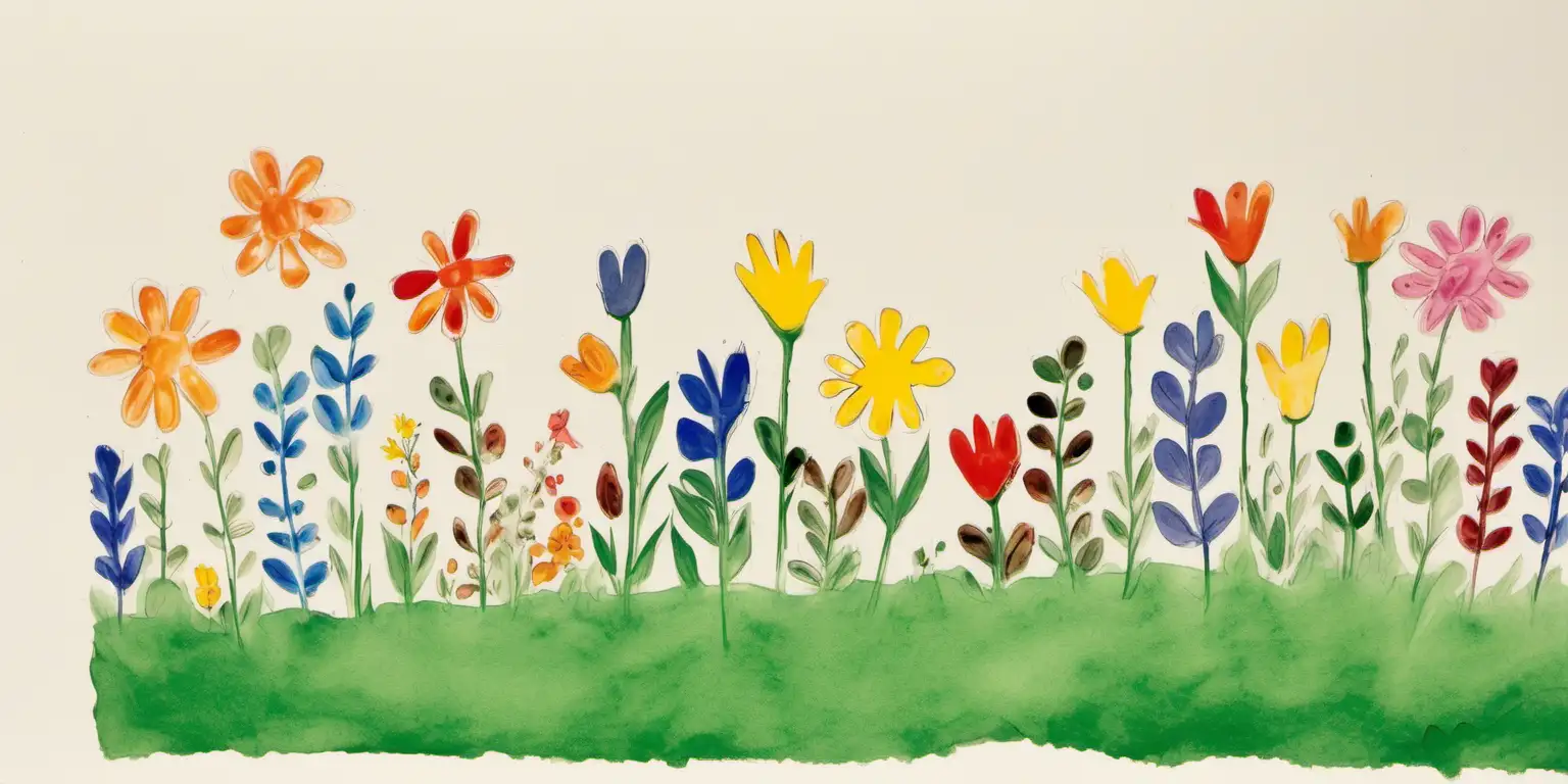 hand painted image by a child with flowers raising from the bottom of the page