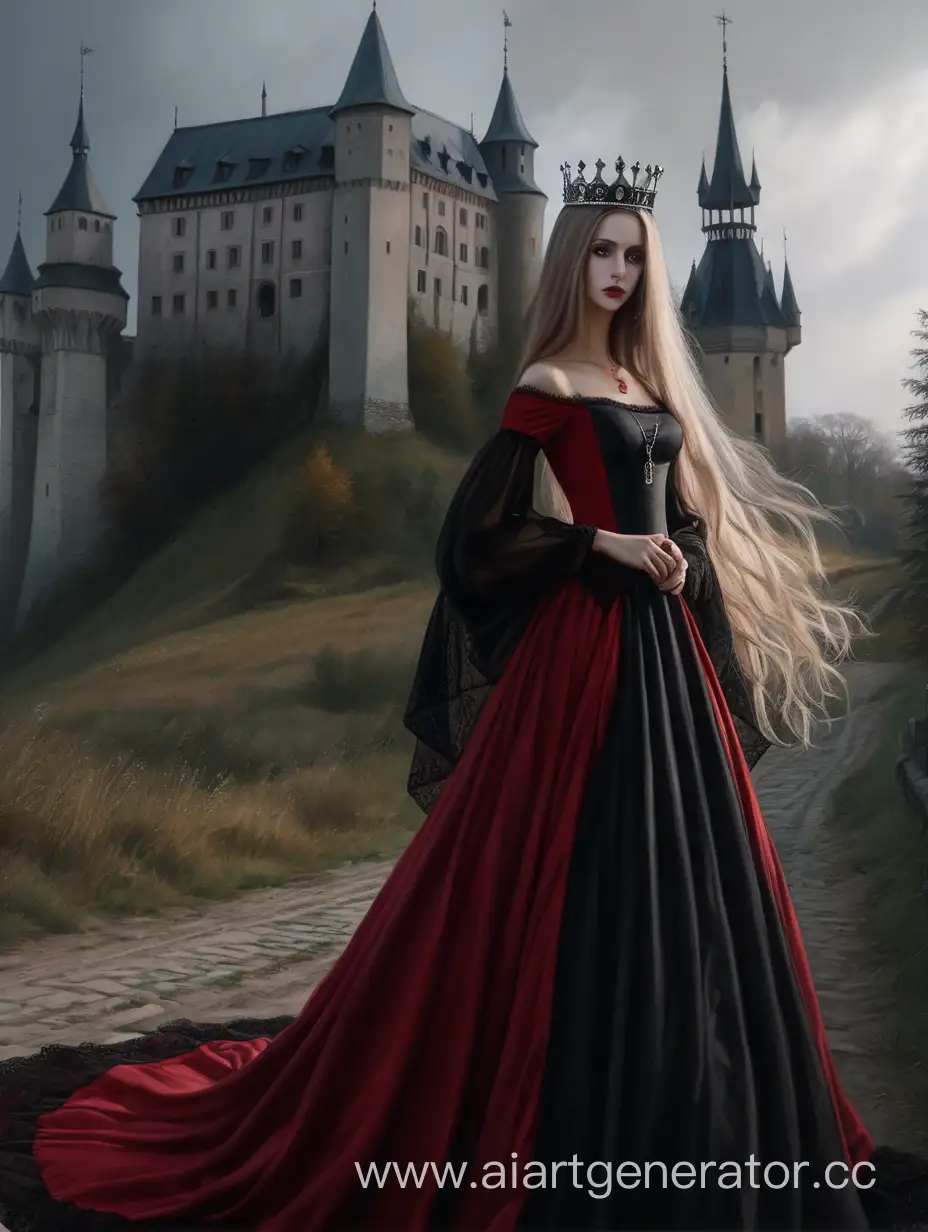 Beautiful gothic woman, long nose, small mouth , light long hair, crown,gothic black red long dress,  castle, Ukraine, poland, realism