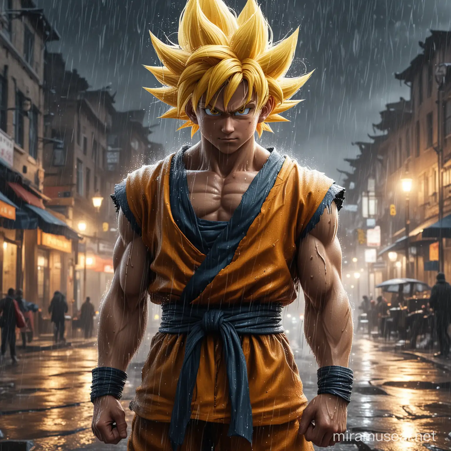 Goku dragon ball berukuran besar berambut yelow, latar belakang, kota lama, hujan deras, berpetir, detail, realistic, rumit, ultra hd 8k