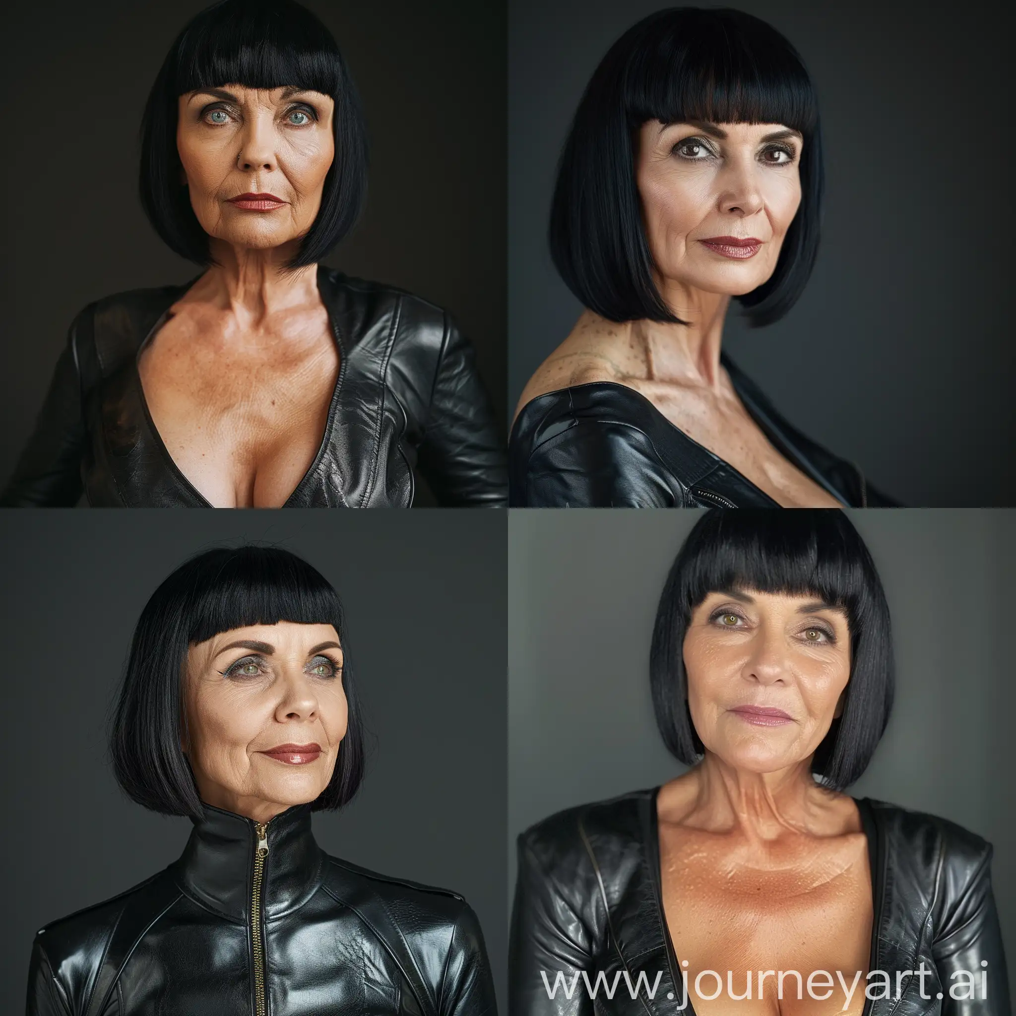beautiful arrogant 60 years old woman with black bob hair cut wearing tight leather