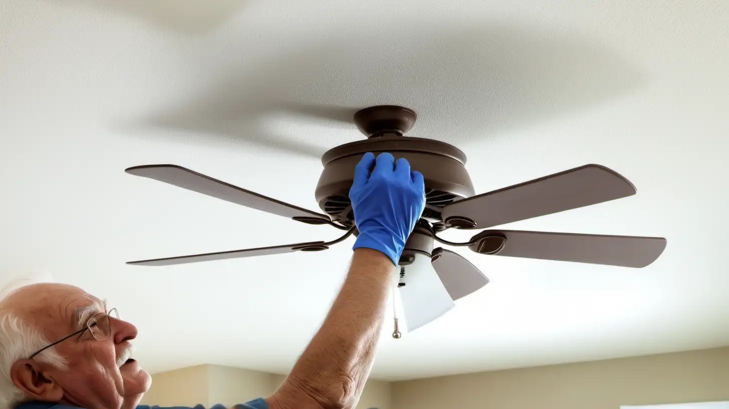 Closeup Portrait of Grandpa Cleaning a Dusty White Ceiling Fan