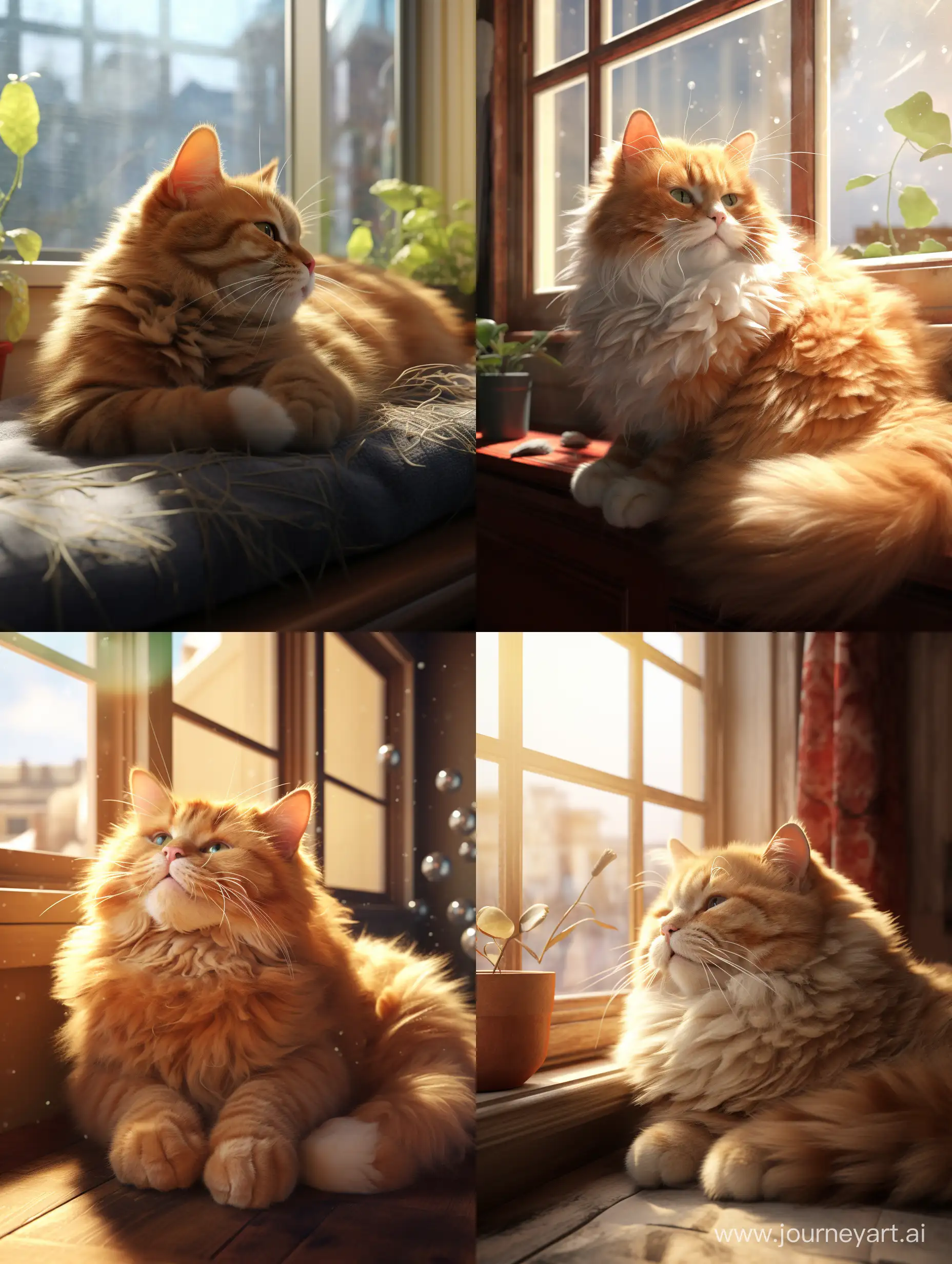 A cat as fat as a ball, fluffy and cute, lying near the window,ray tracing, UHD, curate, super detail, high details, best quality