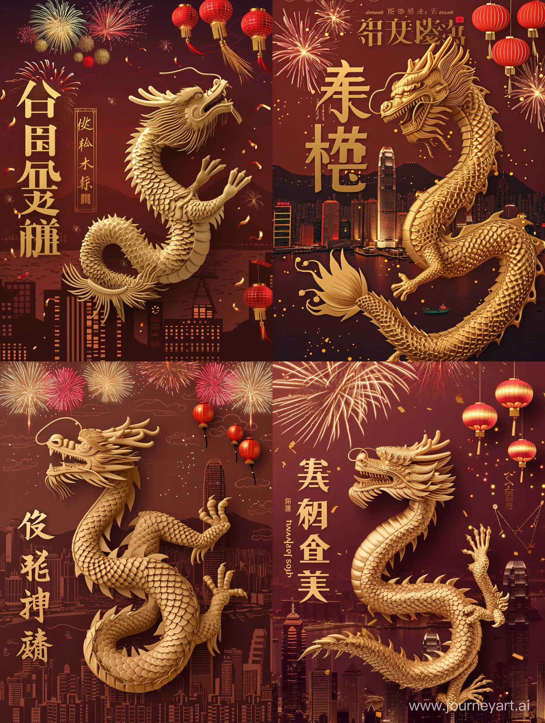 a Chinese styled golden dragon, with 2 claws, side view, 3D style with details lighting, located across the screen, head on left top and tail on right button; background is Hong Kong city view silhouette in dark red color across the lower half of screen; colourful fireworks on top, 3D style; 3 Chinese styled lanterns in red and gold located top right corner; text “龍年吉祥” with shadows, bold, calligraphy style, golden color, top down located on the left next to dragon head.