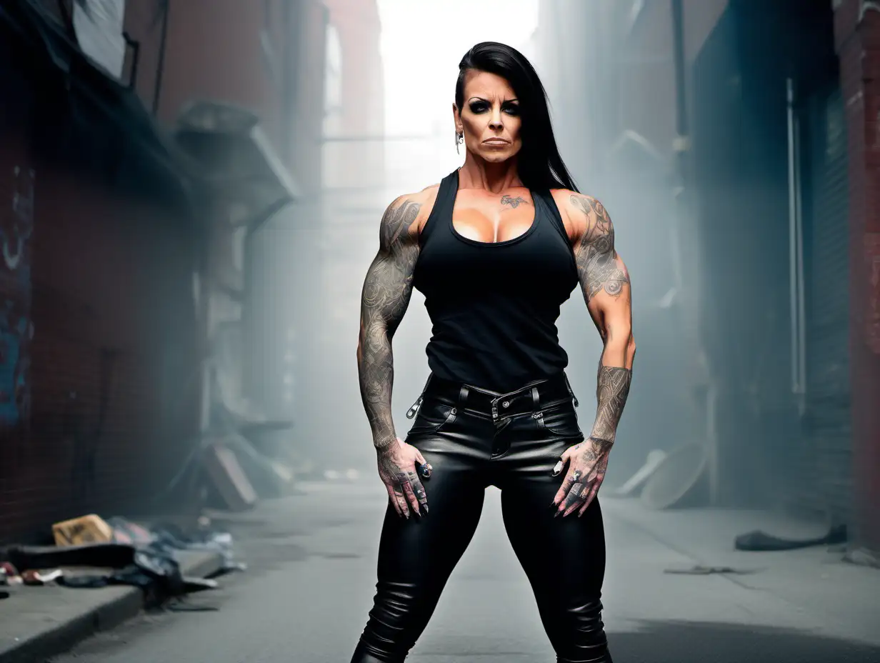 Powerful Female Bodybuilder Flexing Muscles in Urban Foggy Alley