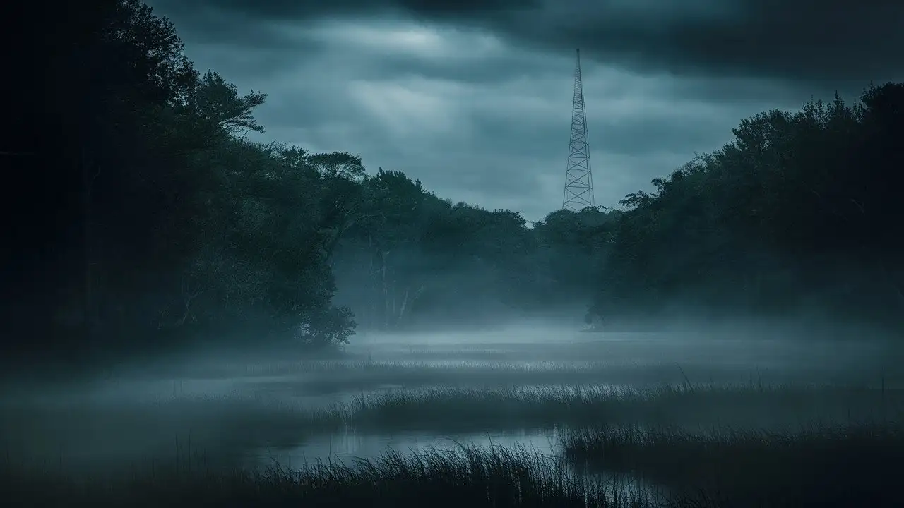 mroczne bagna w starym lesie, wysoka antena radiowa, mgła, atmosfera horroru