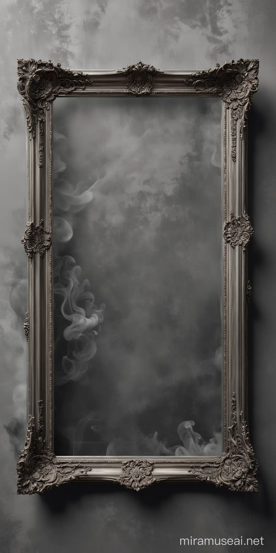 A grey canva with a luxurious frame, smoke and shadows 