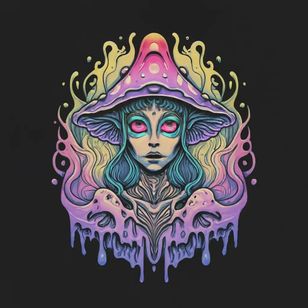 a logo design, main symbol:Creepy alien girl with purple eyes and a blank stare with a mushroom cap, dark color palette, trippy, psychedelic, drips,complex,clear background