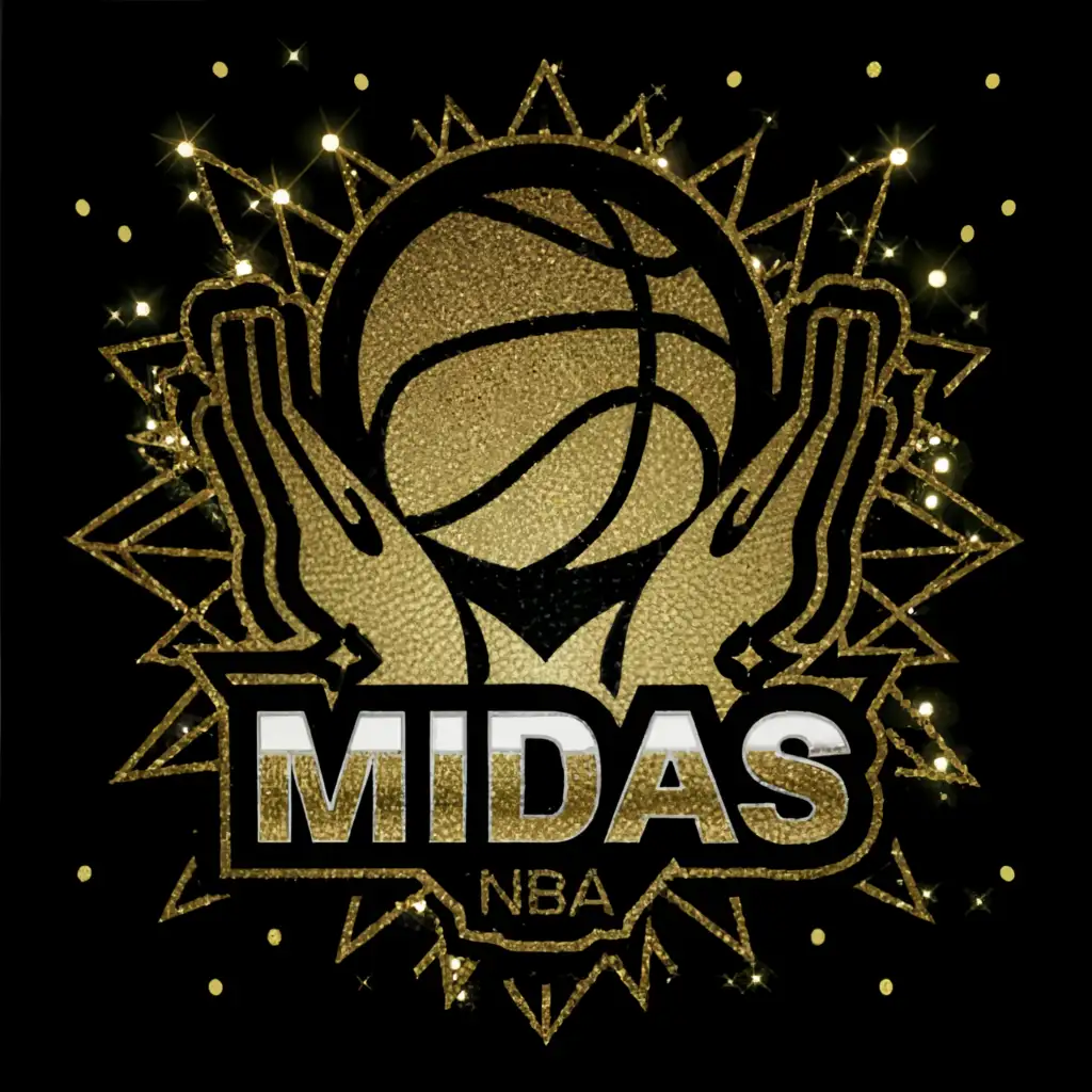 a logo design,with the text 'Midas NBA', main symbol:A Gold hand holding a basketball, 5 fingers, black background.,Moderate,be used in Sports Fitness industry,clear background