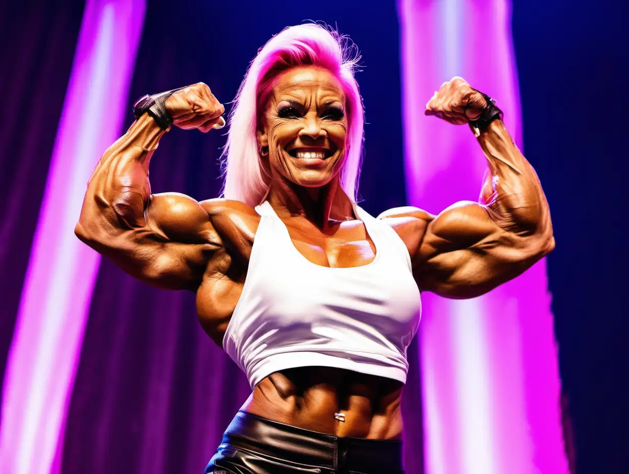 extremely muscular Pink as a bodybuilding woman with large biceps wearing a white silk tank top and black leather shorts standing on a stage flexing her big biceps
