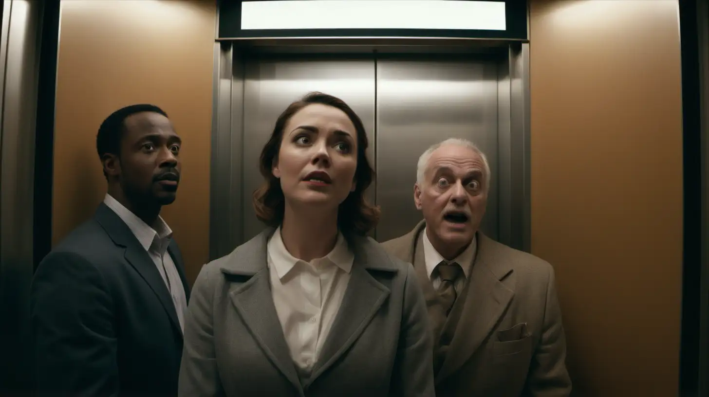 only 3 people in an elevator, camera is positioned at eye level, creating a sense of direct engagement with the characters, medium shot, capturing the characters from the waist up. The composition is balanced with three characters spread across the frame. The central character, being in the foreground and slightly out of focus. The central character, being in the foreground and slightly out of focus, draws immediate attention due to his positioning and the fact that he is closer to the camera. The other two characters are positioned in the background on either side, creating a sense of depth and symmetry. The use of a shallow depth of field focuses our attention on the man in the center, while the characters in the back are slightly out of focus. The lighting appears to be soft and diffused, with no harsh shadows, giving the scene a cinematic quality. The ambient light highlights the characters' faces, which is crucial for conveying emotion in film.  The color grading has a cool tone, with a slight desaturation that may suggest a tense, dramatic, or stylized atmosphere. The central character is looking down, which often conveys introspection or concern. The woman looks calmly towards the camera, indicating confidence or a knowing attitude. The man on the right is laughing, suggesting he may be a source of comic relief or is reacting to something amusing within the context of the scene. The costumes are eclectic, combining modern and vintage elements, which could indicate a setting that is not anchored to a specific time period.