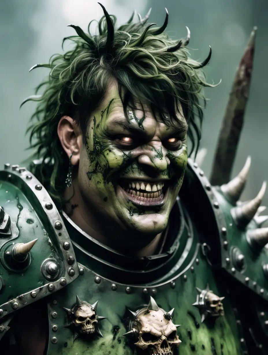 Portrait of the upper body and face of a male follower of Nurgle, wearing dark green metal armor. 
Smiling.
Wild hair.
Rotting face.