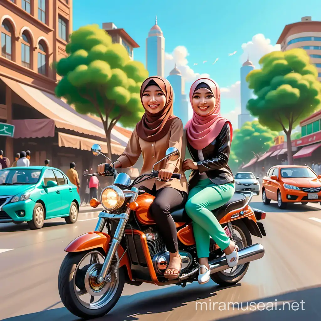 a caricature of pair indonesian man and hijab women riding a motorcycle  in the sunny days in a city street with cars and people, poster art, highly detailed digital painting, UHD. 