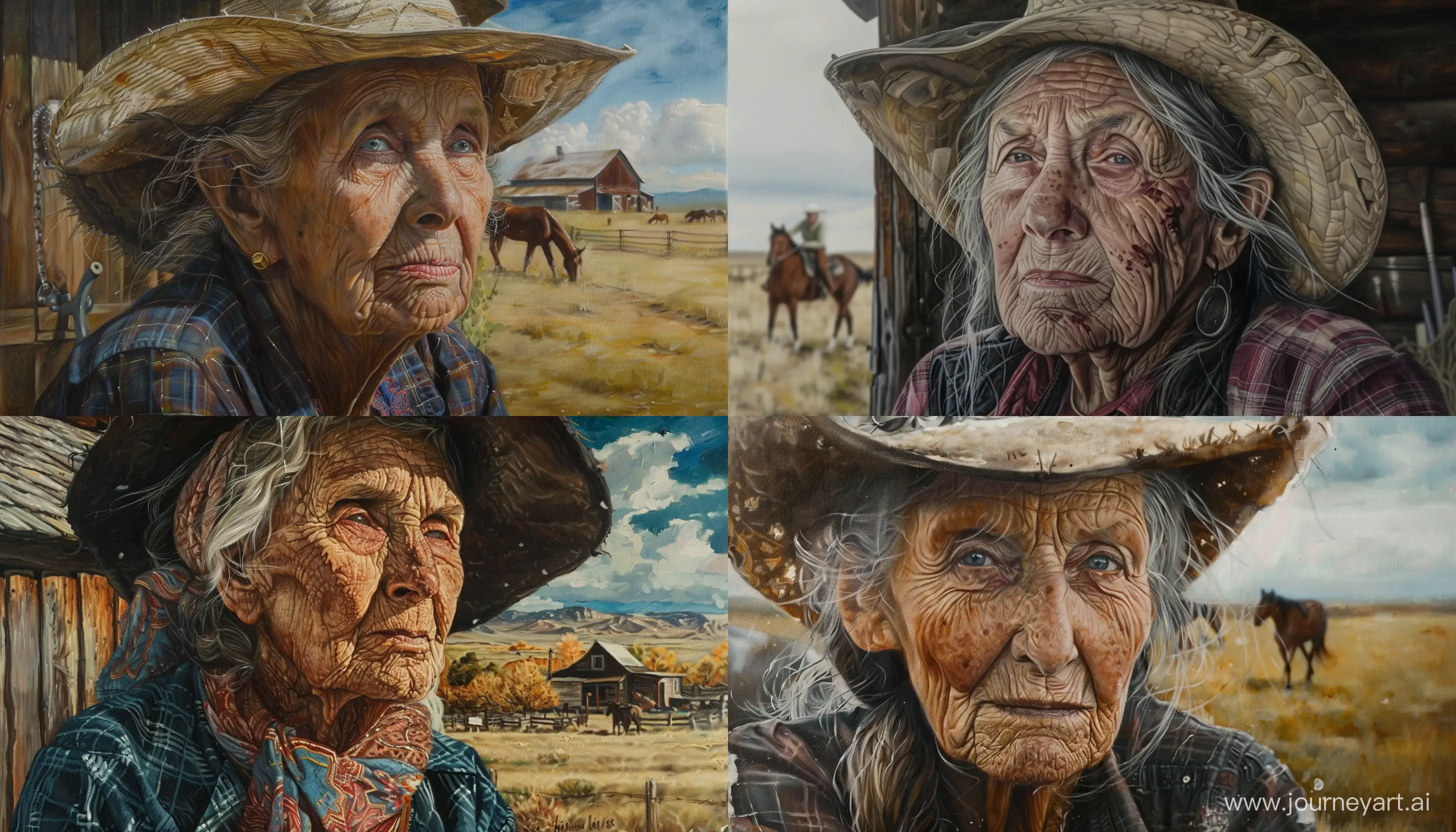 Rrealistic painting  a close up old woman from cowboy era  in landscape farm in western countries  horse focus highly detailed --ar 7:4