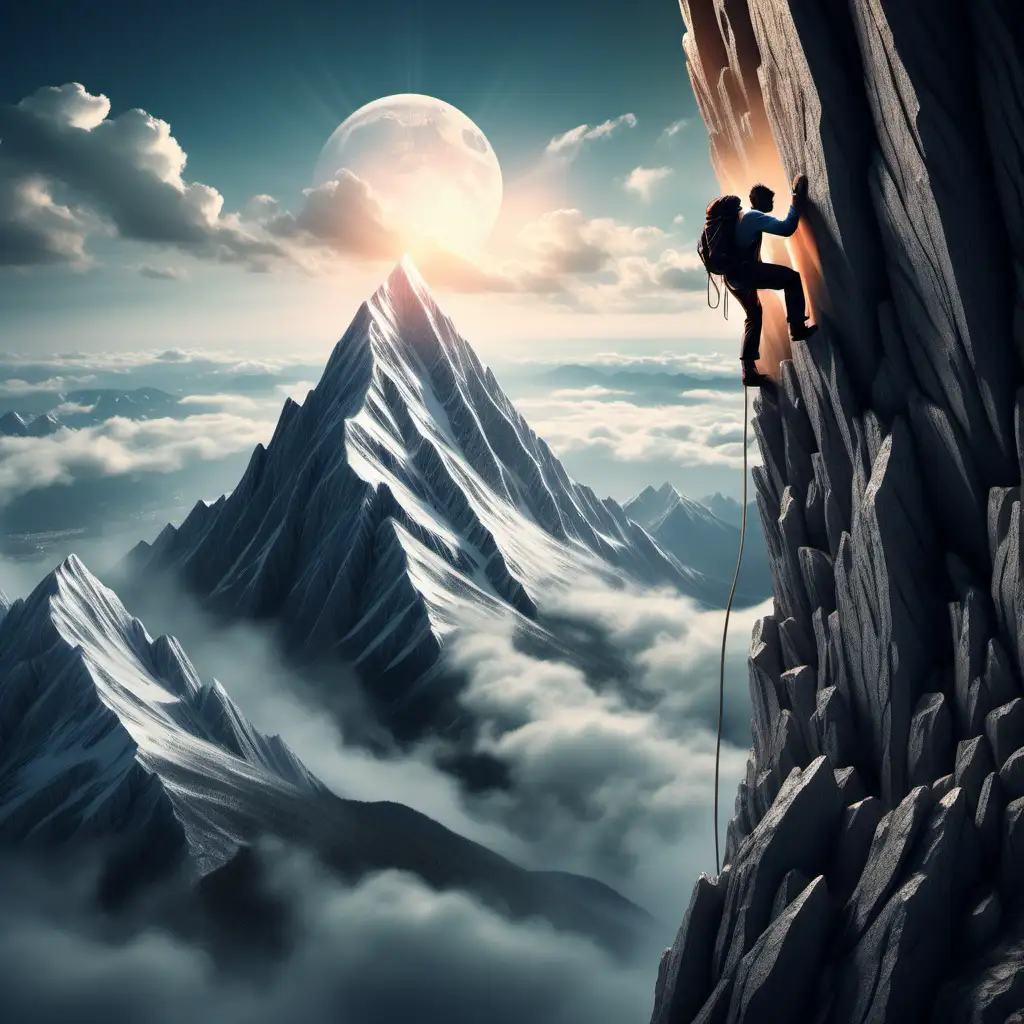 A person climbing a dificult mountain, magic style, ultra detailed