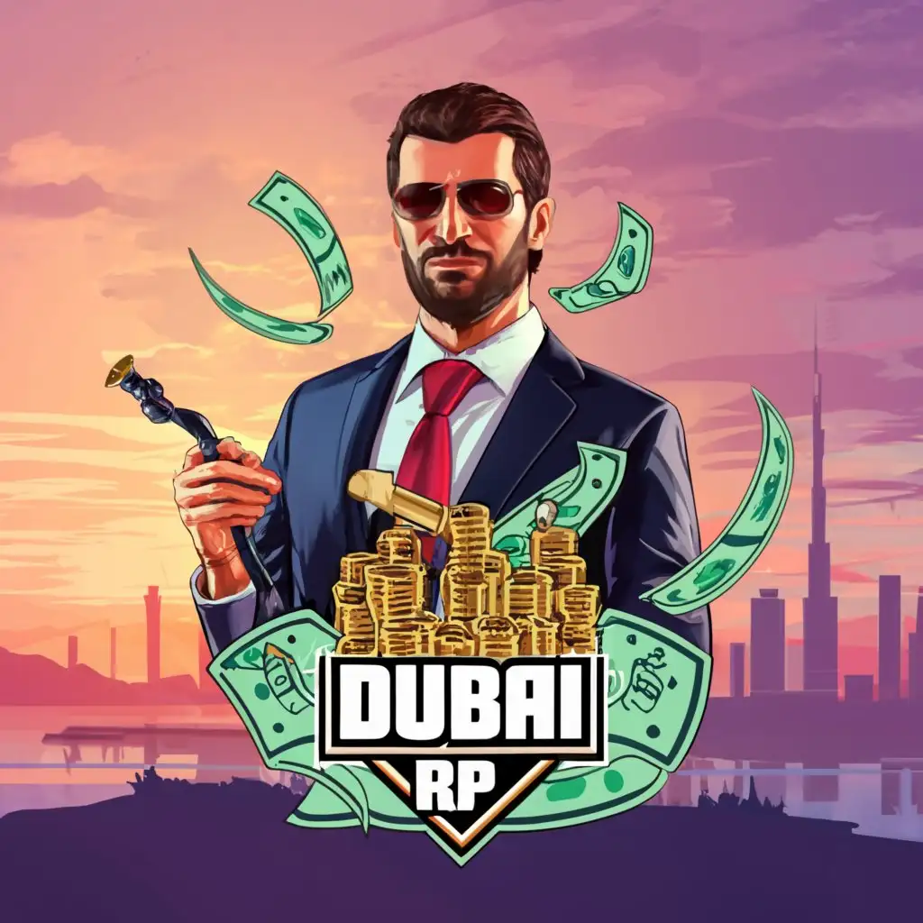 a logo design,with the text "Dubai RP", main symbol:Put a hookah on the logo, draw it in the style of GTA V. I need there to be money flying since it's a logo for a Roleplay server. I also want there to be a person in the middle with a suit (free style) and for the logo to have a GTA 5 background. Add weapons and drugs to the logo as well, especially marijuana.,Complejo,be used in Internet industry,clear background