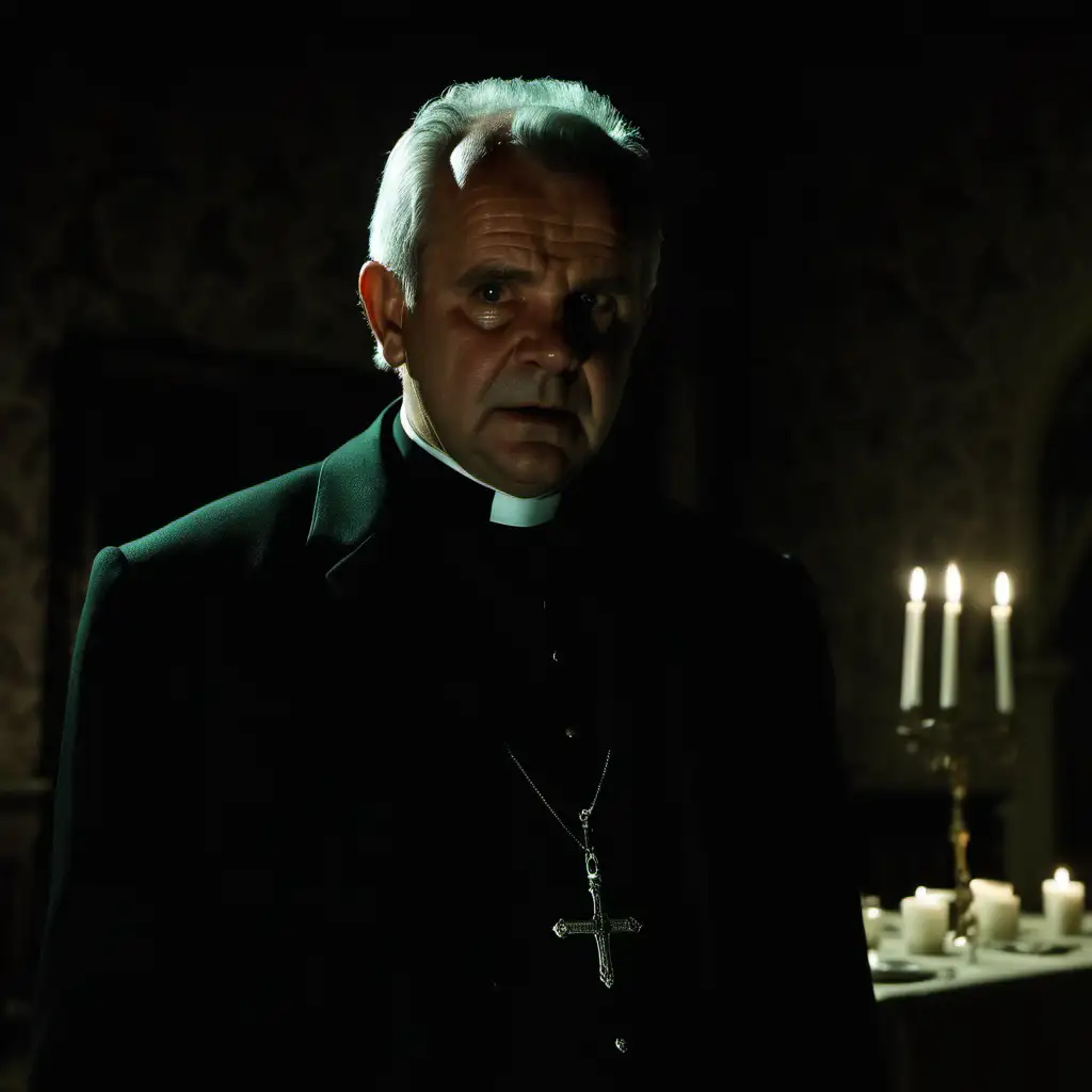 Actor Ian Holm as Reverend Vicar Green in dark dining room of large manor house at night concerned