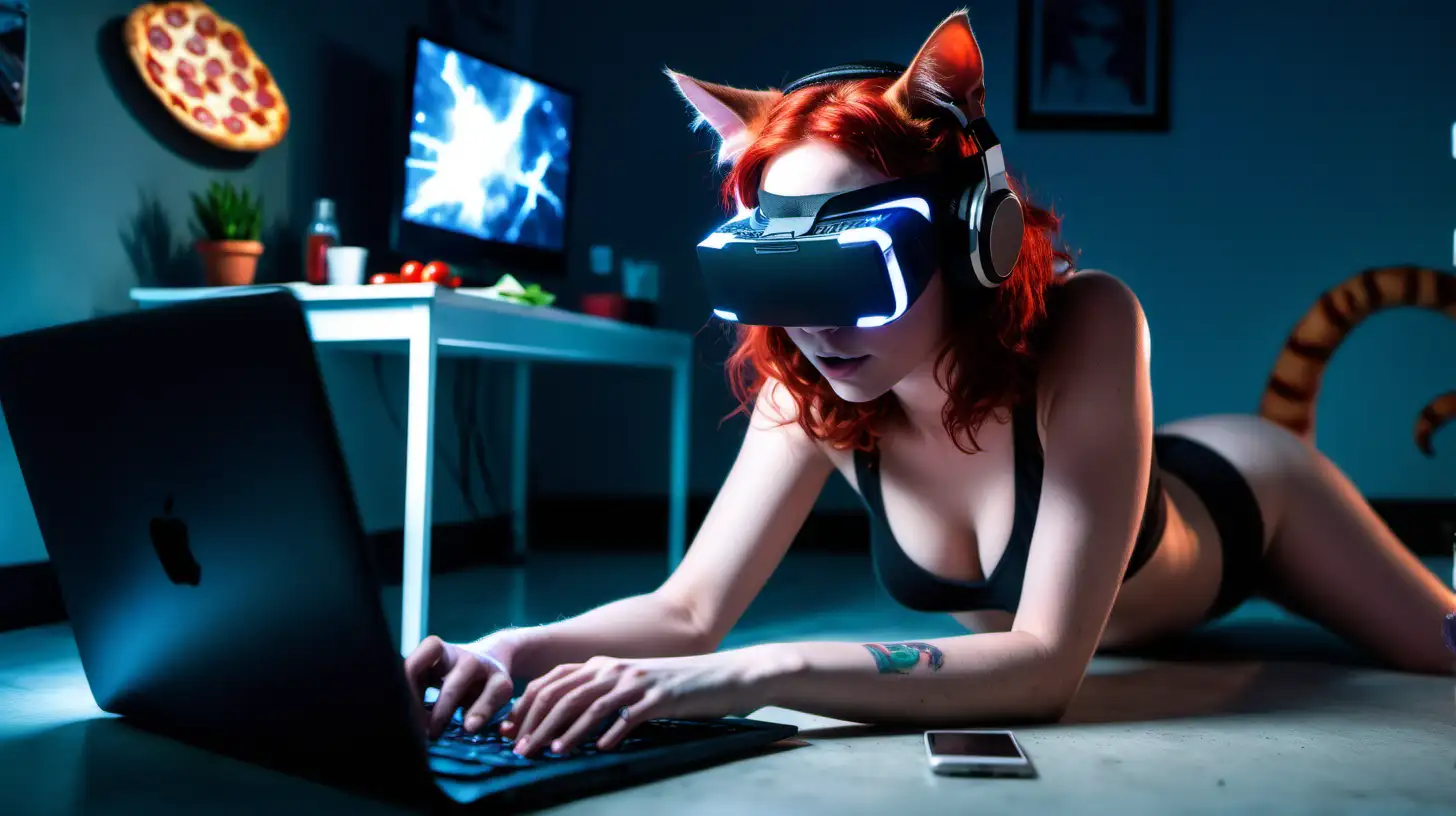 25 years old Tech girl , red head , b-cup, t-shirt
wearing headphone, a vr glasses , vaping
using a smartphone , typing a keyboard
behind a desktop and a laptop , futuristic
environment, night,neonlight,
background TV is on , sleeping sphynxcat
underwear everywhere, pizza pepperoni
on the floor , a webcam capturing and
some perfect lightning