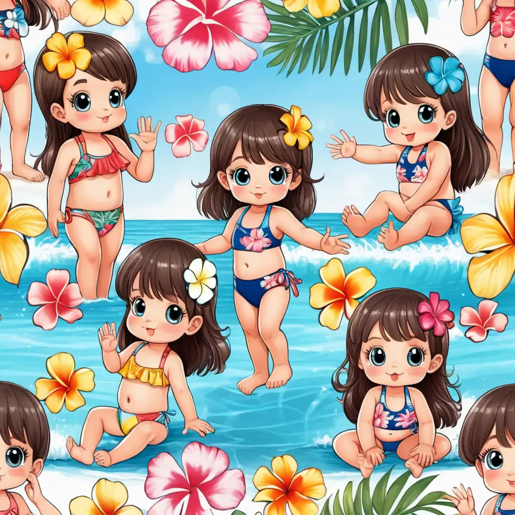 Adorable Hawaiian Baby Girl in Swimsuit Bikini with Flower Cartoon