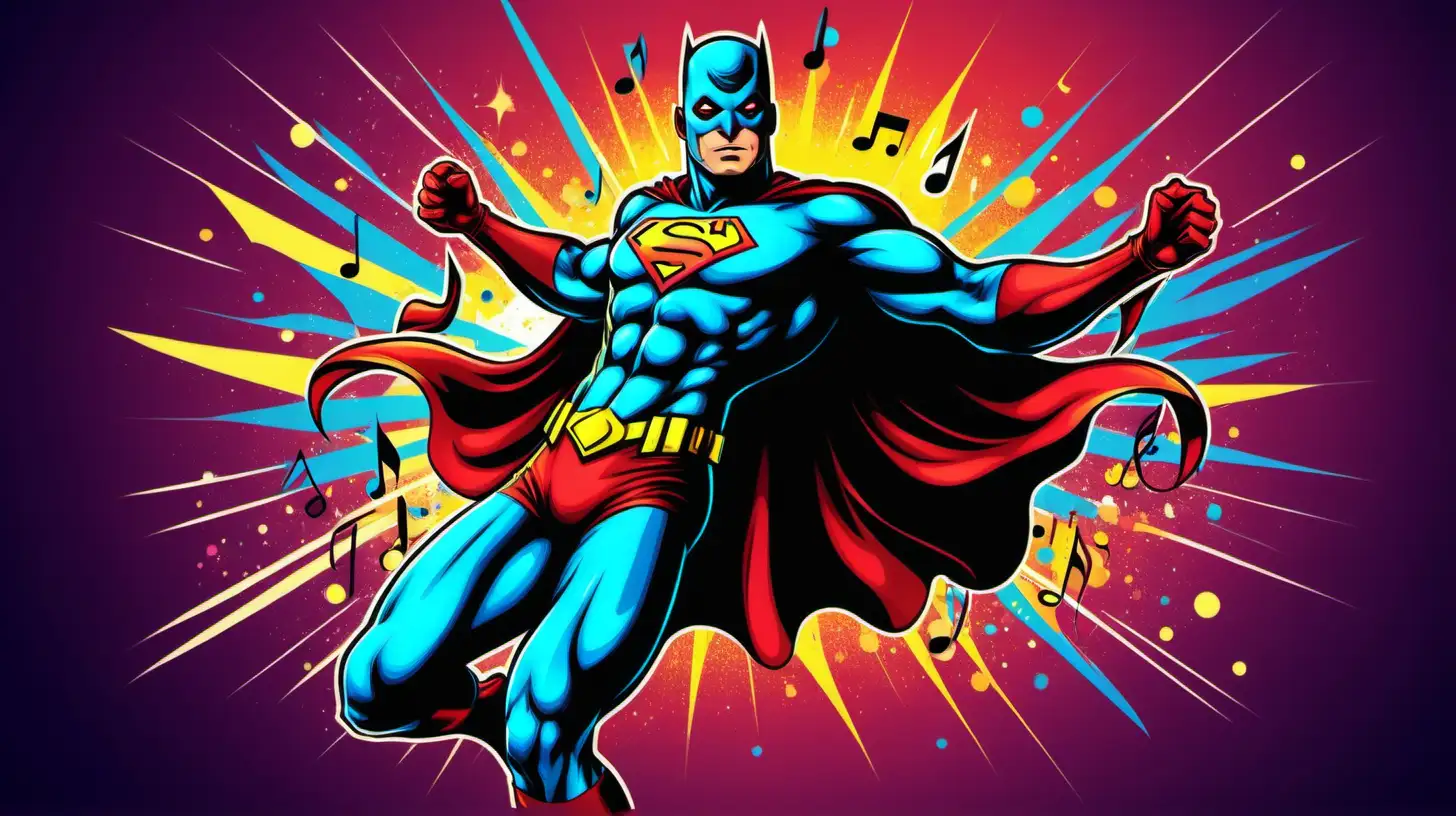 Dynamic Superhero Harmonizing with Musical Power on Vibrant Background
