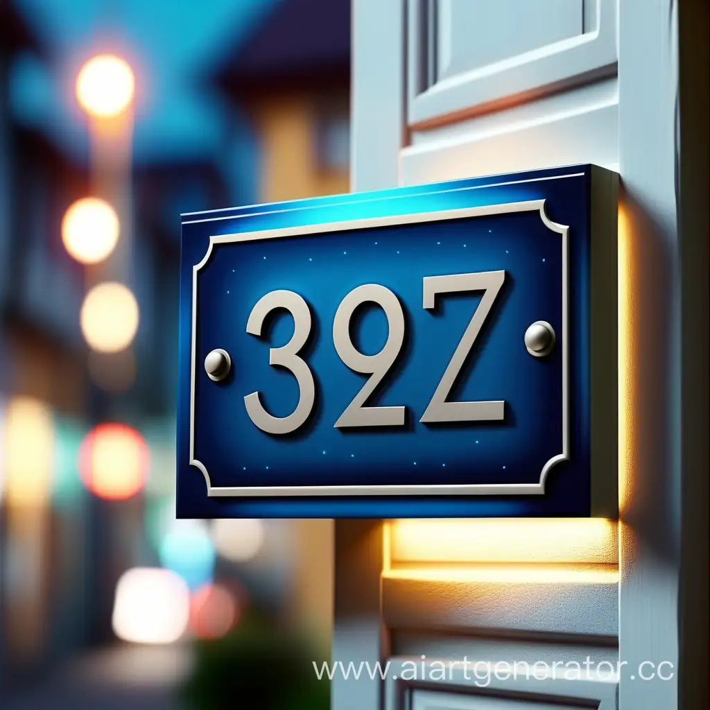House Number Address Plate. Blue colors. Blurred night city background