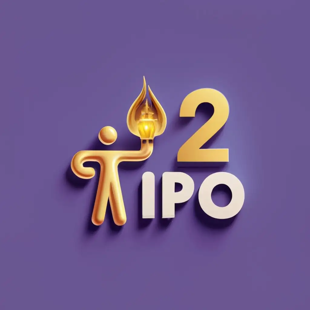 high contrast 3d logo, golden color with purple background, a happy man like symbol R & D holding a sparkling fire or a shining lamp with meaning of enlightening others, with the text "rd2ipo", typography, be used in Technology industry