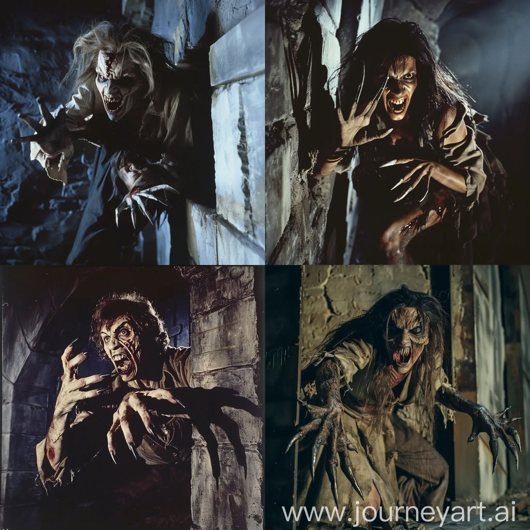 1. Describe the physical appearance of the vampire: "a vampire with long, pointed nails like claws on each of her five-fingered hands, an aggressively open mouth revealing terrifying fangs, a wild look, dressed in torn clothes, and resembling a dead man who has emerged from his grave." 2. Describe the vampire's behavior and the scene: "The vampire has pinned her victim in a corner and is preparing to strike, with the scene taking place at night in an abandoned building."