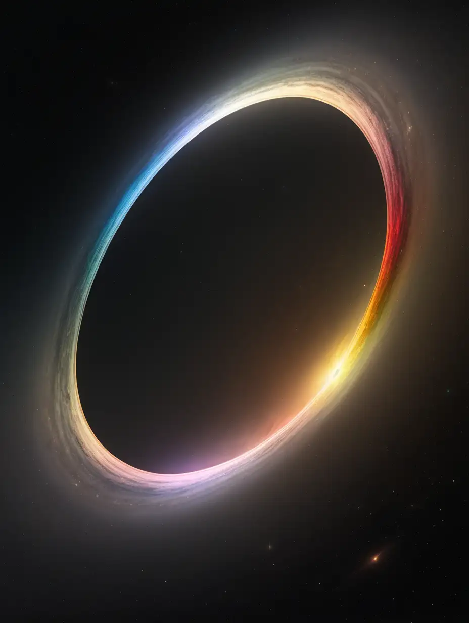 thin half big halo of warm light and rainbow in black universe