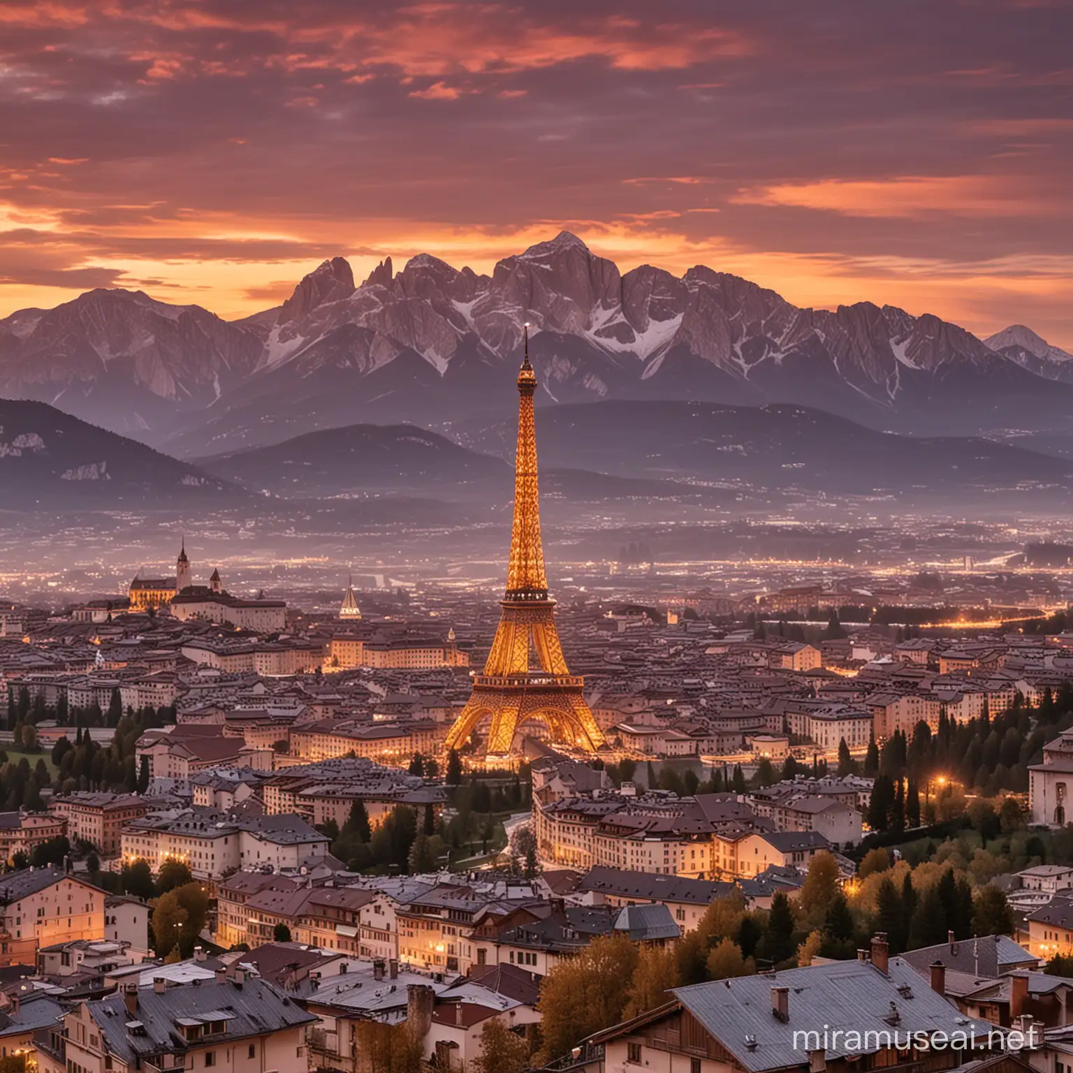 Spectacular Sunset over Dolomites with Iconic Eiffel Tower Silhouette