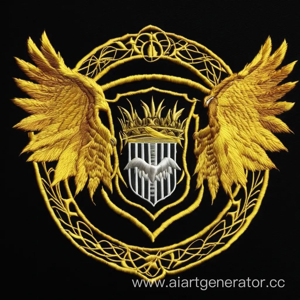 герб, посередине герба находится золотой снитч, черный фон, вышивка