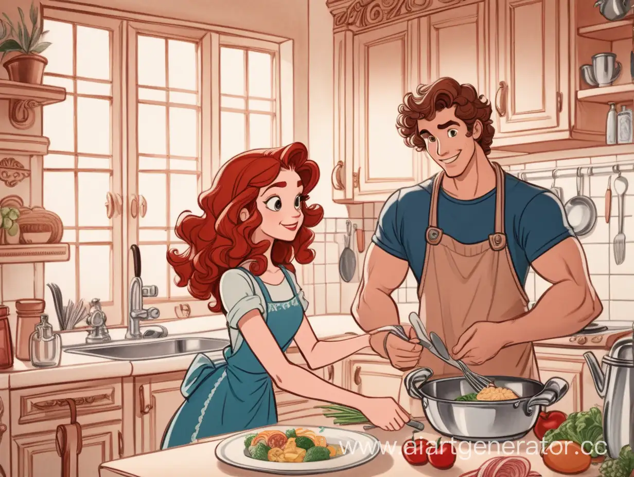 рисунок в стиле Disney: парень брюнет с короткой стрижкой готовит ужин, а рядом стоит девушка рыжая, кудрявая с длинными волосами, на фоне красивой кухни