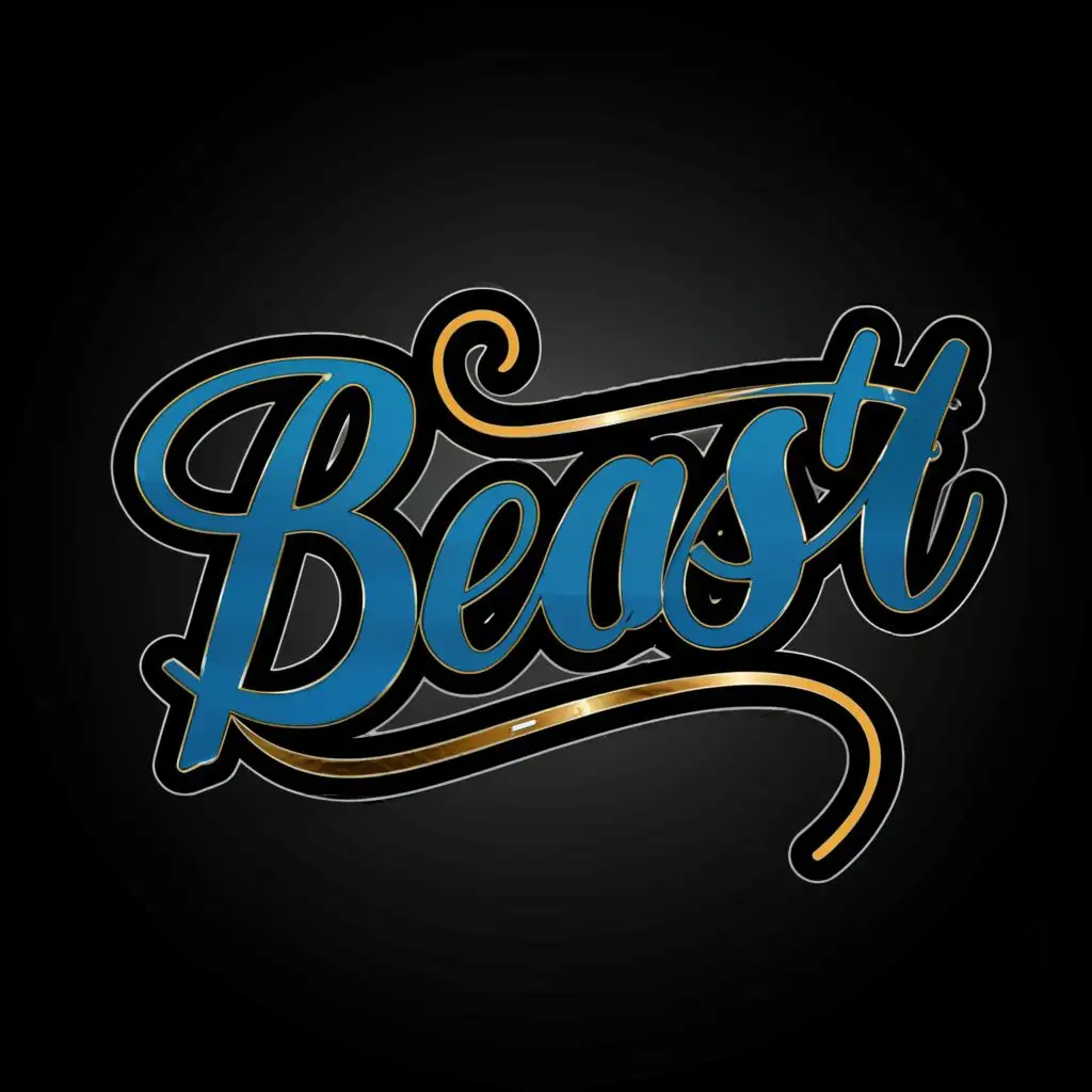 a logo design,with the text 'BeAST', main symbol:The e in beast hast to be lower case. Big bold lettering in blue, outlined in gold. Tiger eyes in the background. claw marks on the B and T. Black Background.,Minimalistic,clear background.

Make everething capitlalized except the e. 