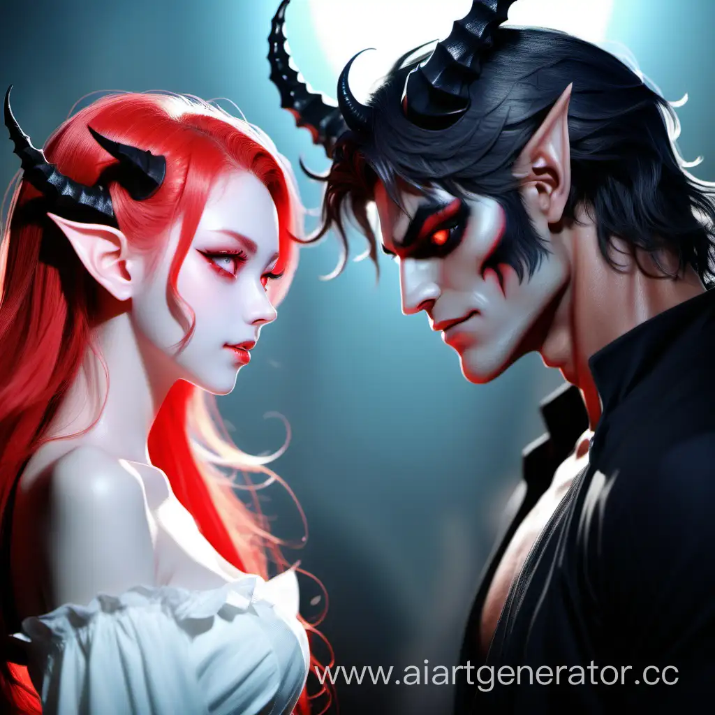 Красивая Демон девушка и красивый демон парень с любовью смотрят друг на друга
