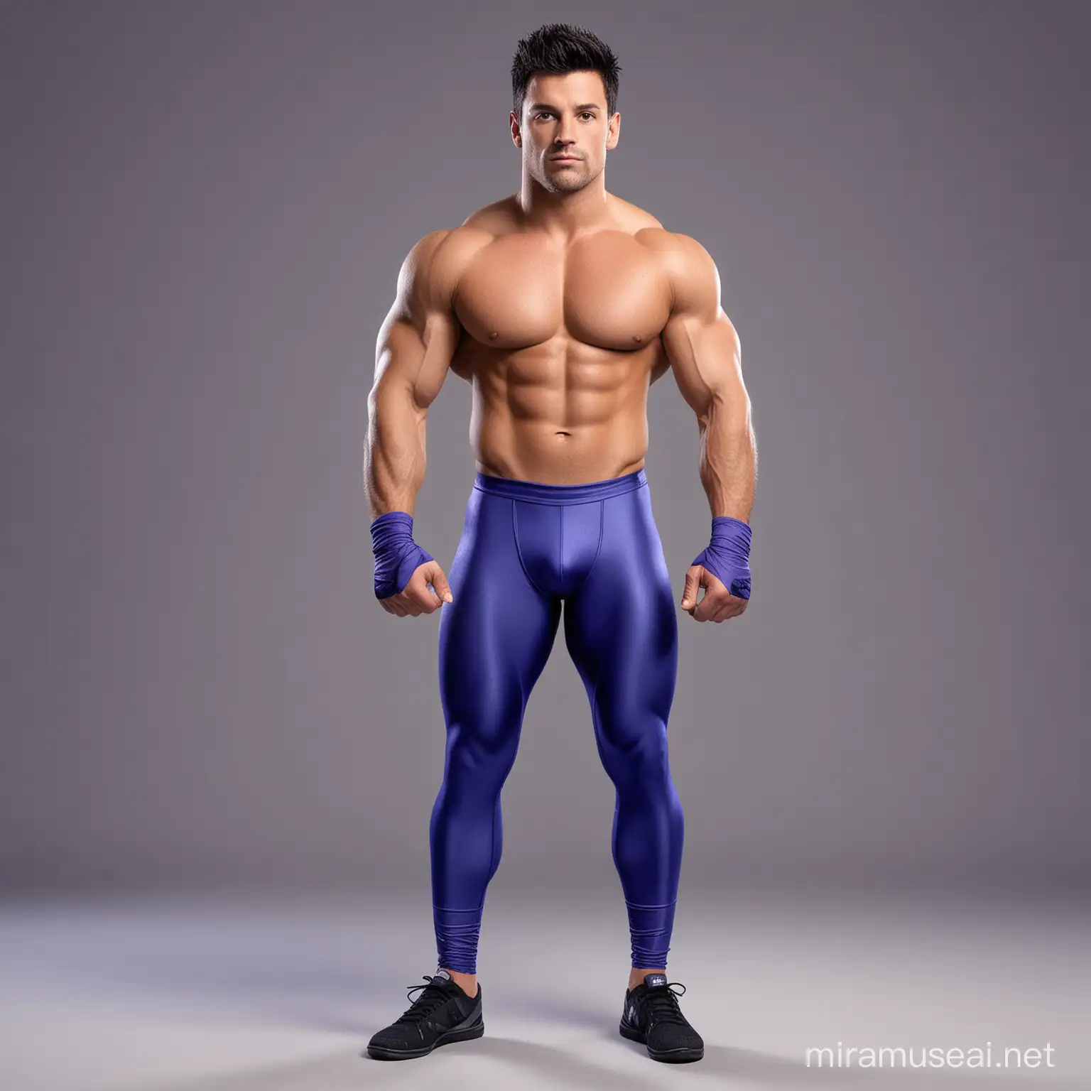 Charming muscular 30 year old male Argentine wrestler, with short spiky black hair, slight tanned skin and grey eyes, wearing  long cobalt blue (leaning to purple) spandex leggings, plus some wristbands, in cartoon network style.