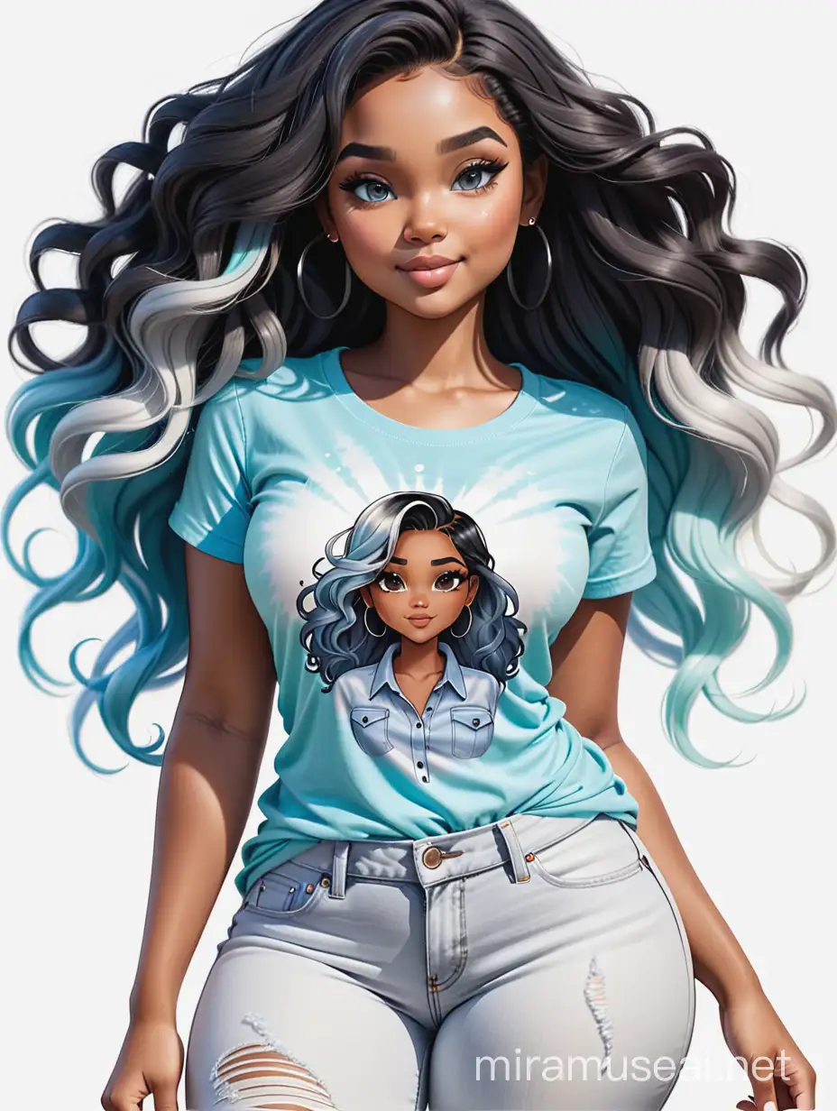 Create an airbrush cartoon  image of a curvy black female wearing a light blue tie dye t-shirt with white cut up jeans. Prominent make up with hazel eyes. Highly detailed long wavy black and grey ombre hair flowing in the air. 