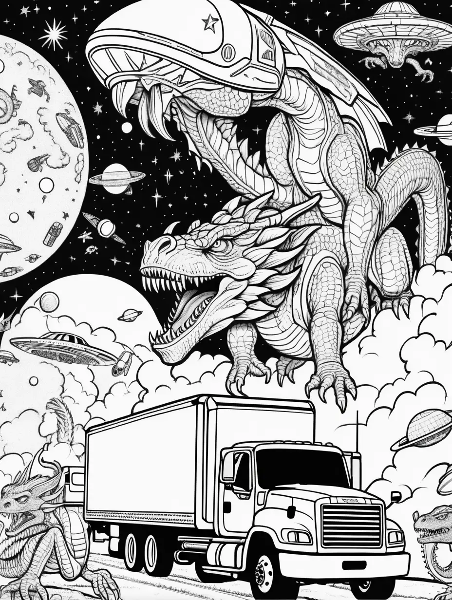 Adult Coloring Book, truck driving into space force base, with aliens and dragons battling in the sky, Black and White, black outline, high contrast