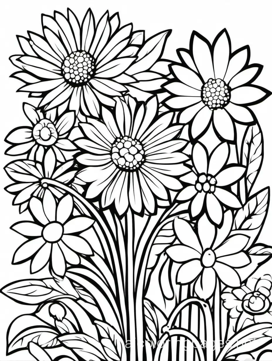 create a black and white image of bold flowers,  make the Patels big for coloring, no dark shadings at all, let it be beautiful and bold  for an adult coloring book, Coloring Page, black and white, line art, white background, Simplicity, Ample White Space. The background of the coloring page is plain white to make it easy for young children to color within the lines. The outlines of all the subjects are easy to distinguish, making it simple for kids to color without too much difficulty