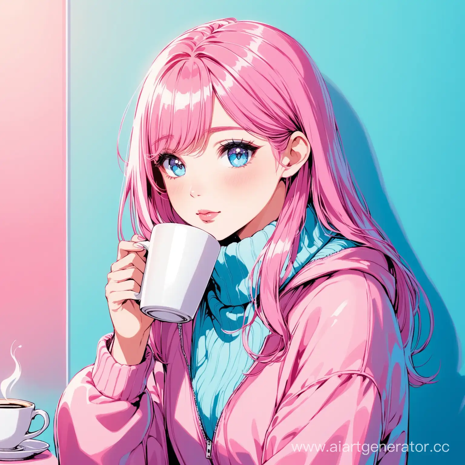 картинка в розо-синих тонах, девочка пьет кофе