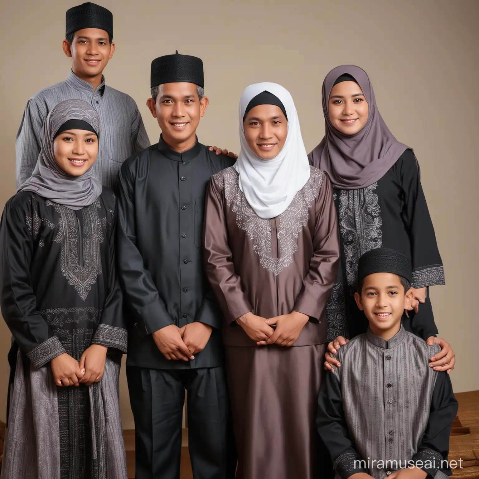 Indonesian family photo of father and mother with  Boys aged 15 years, girls aged 14 years and boys aged 9 years with Muslim clothing