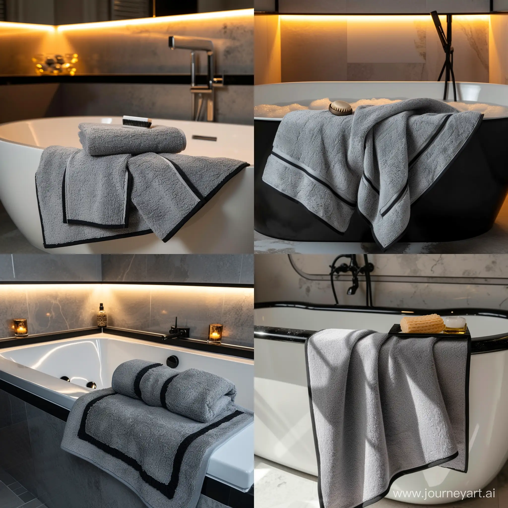 Contemporary-Elegance-Gray-Towels-with-Black-Edges-in-Stylish-Bathtub