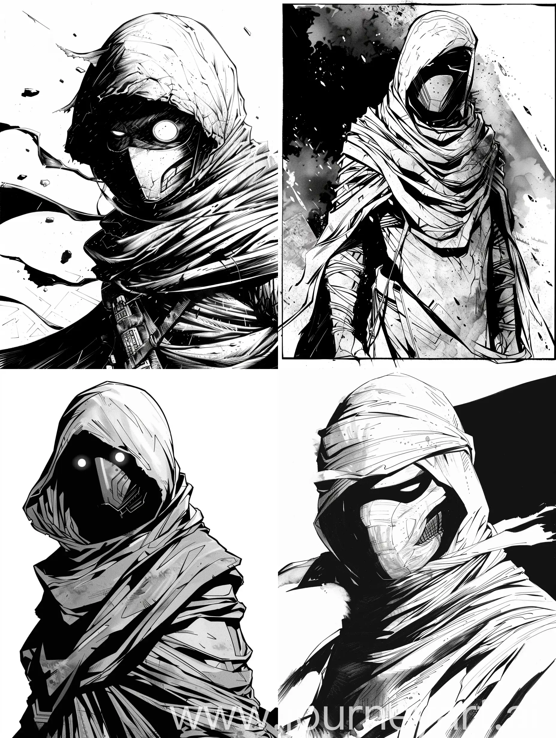 manga art, dark lord, ranger in wraps and hood, sci fi eyesless mask, manga style, comics page, black and white 