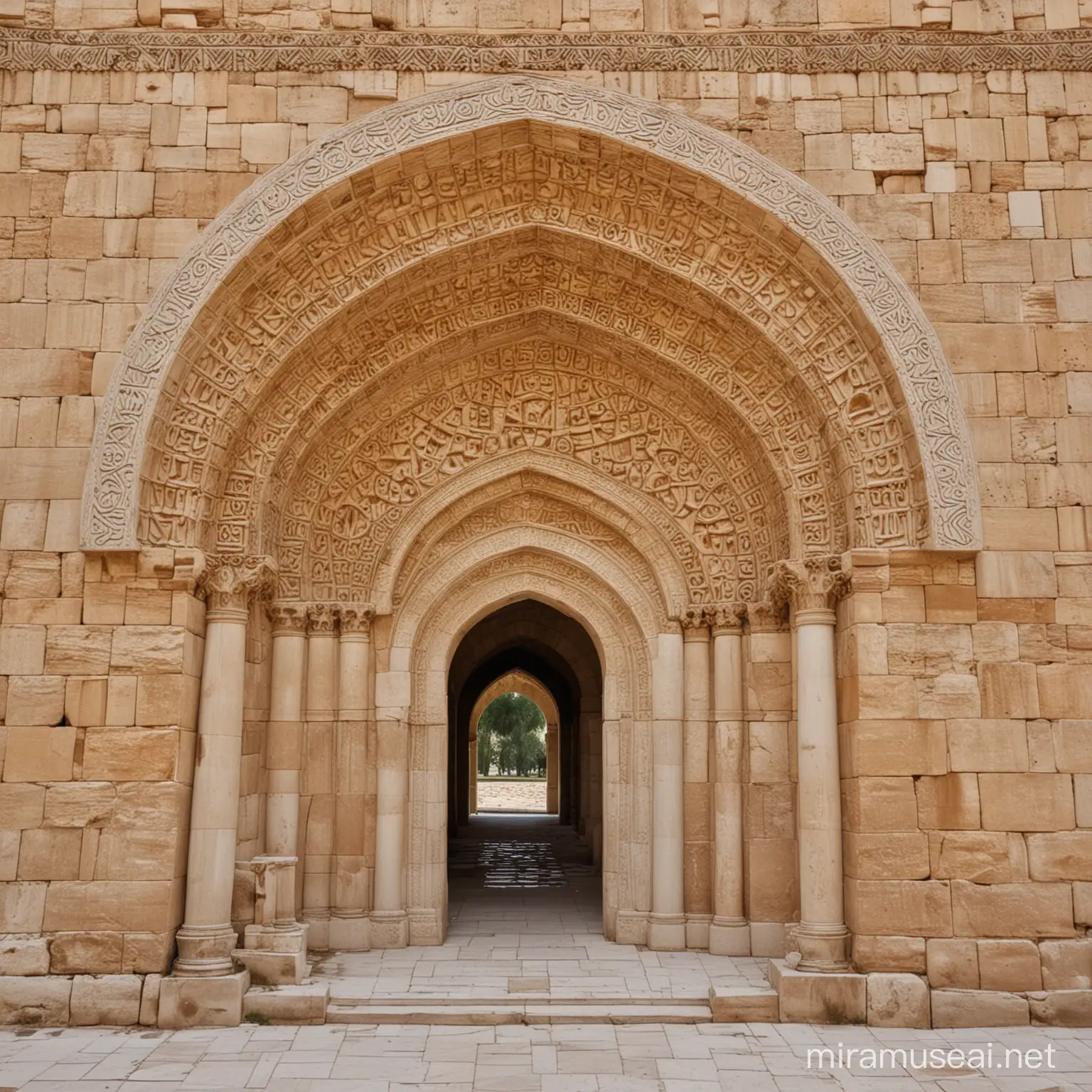 Umayyad Palace Courtyard with Ornate Archways and Fountain