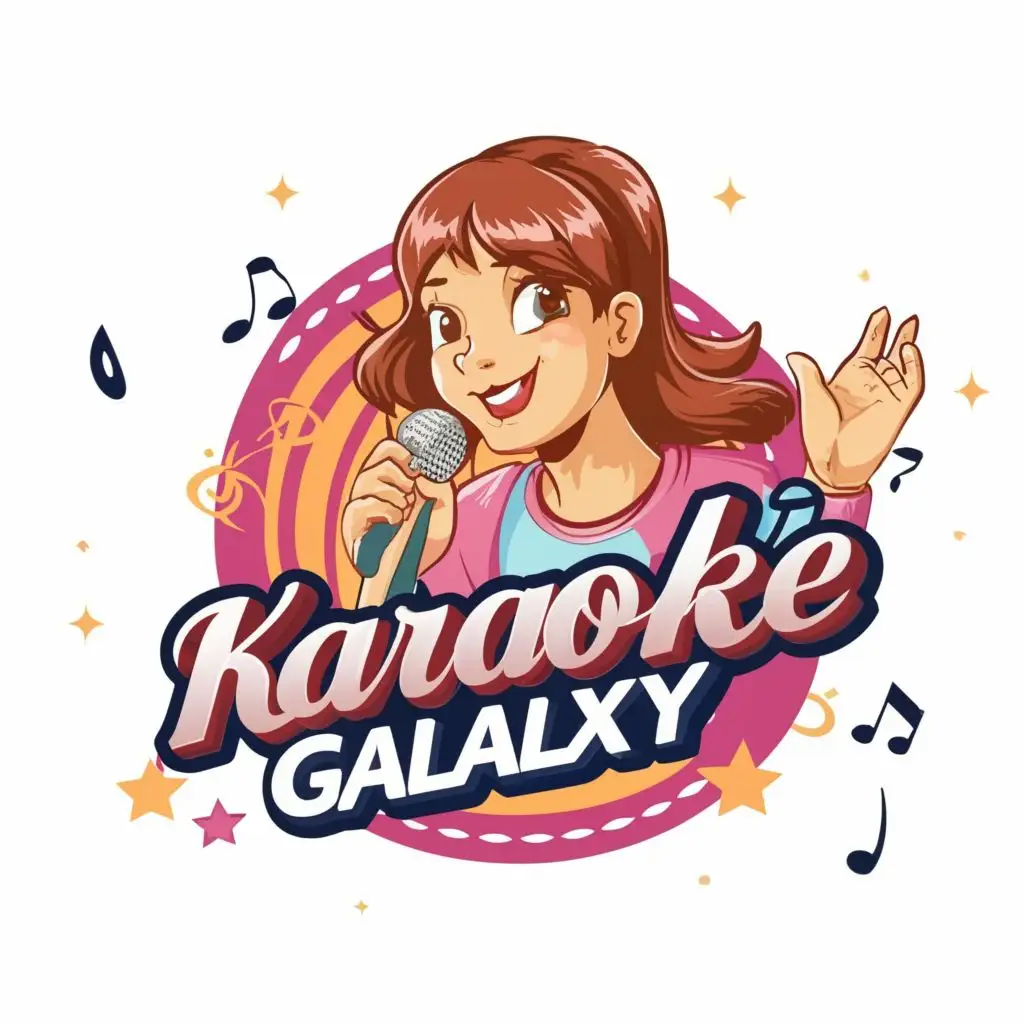 logo, Teenage Female singing into microphone, with the text "Karaoke Galaxy", typography, be used in Entertainment industry