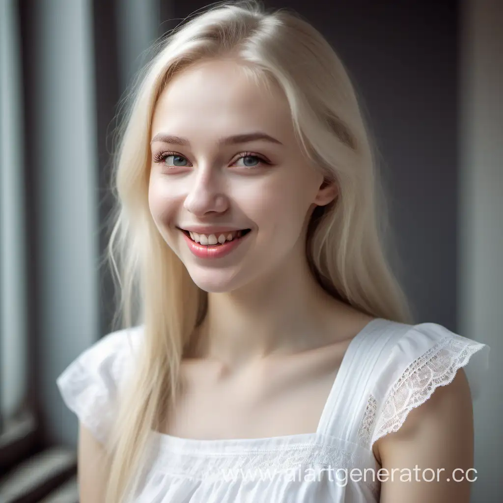nice cute blond russian girl, smiling, looking to the left side, very pale skin, very light grey eyes, white dress, daylight, high quality photorealistic, displaying a long tongue