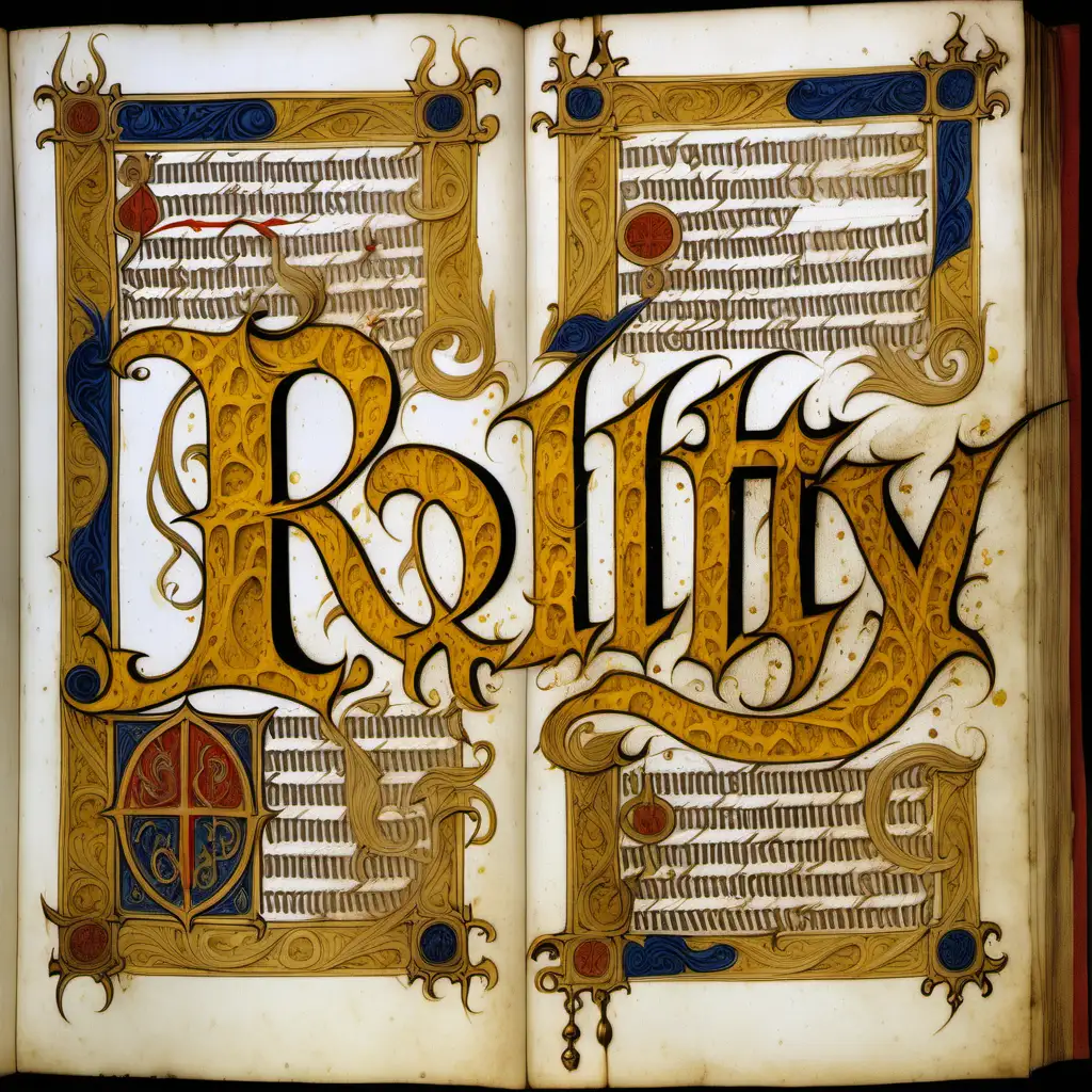 Manuscript, illuminated manuscript, the word Roilty intricate golden letters, covered in gooey yellow pain, quill, medieval