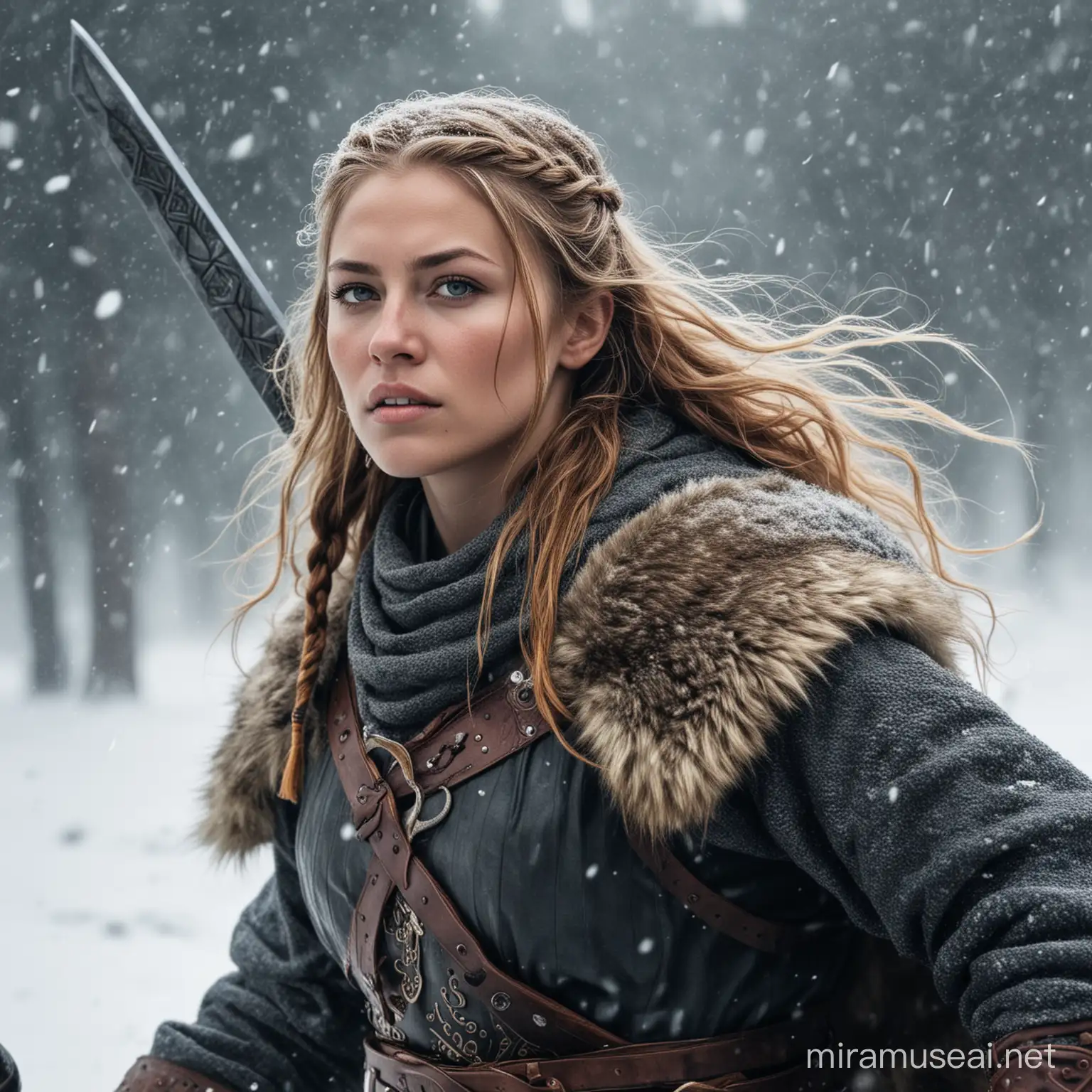 Imagine yourself as a Viking woman warrior  with a sword in the midst of a blizzard. Describe your appearance, including your weapon of choice and any unique characteristics