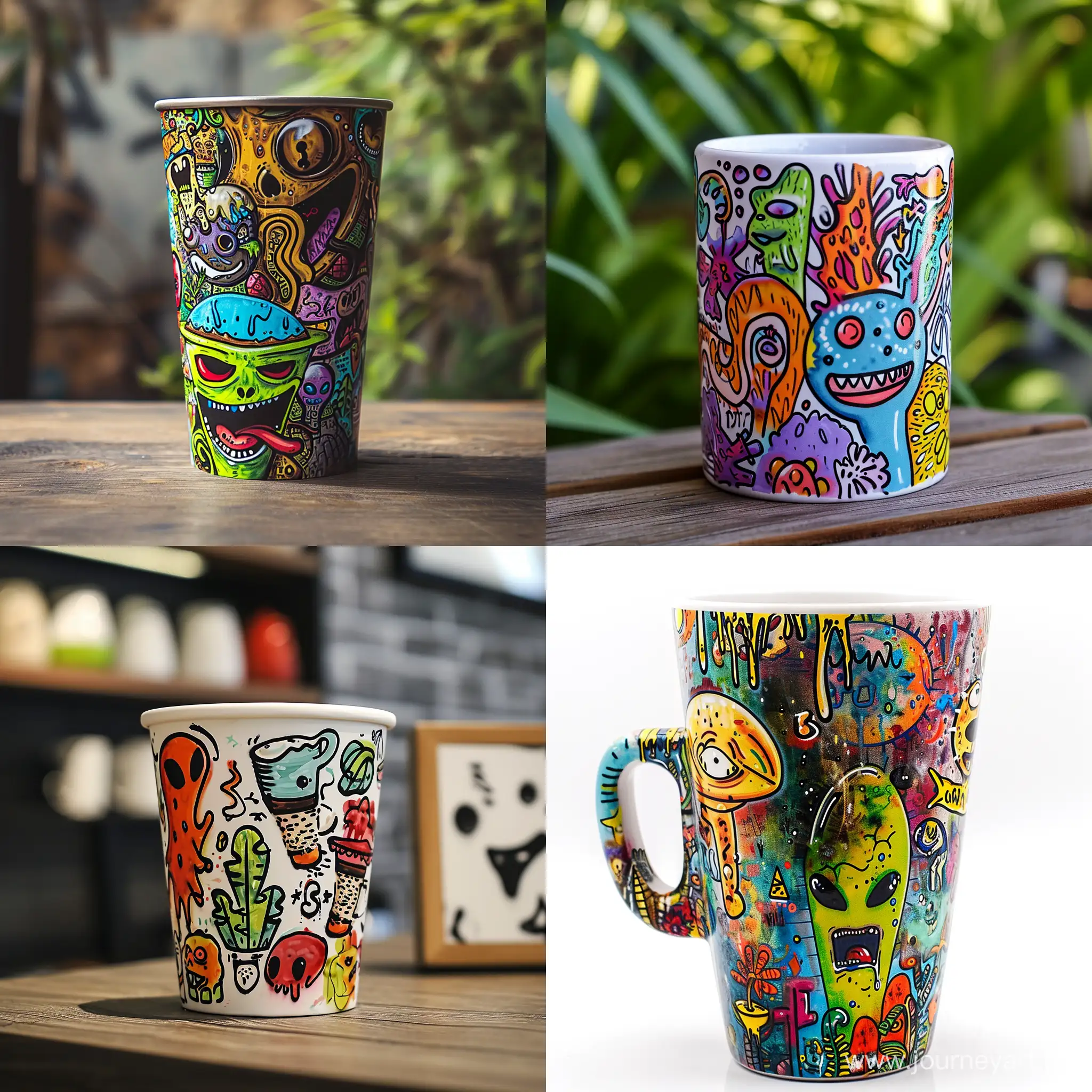 Graffiti-Coffee-Cup-with-Coffee-Plants-and-Aliens