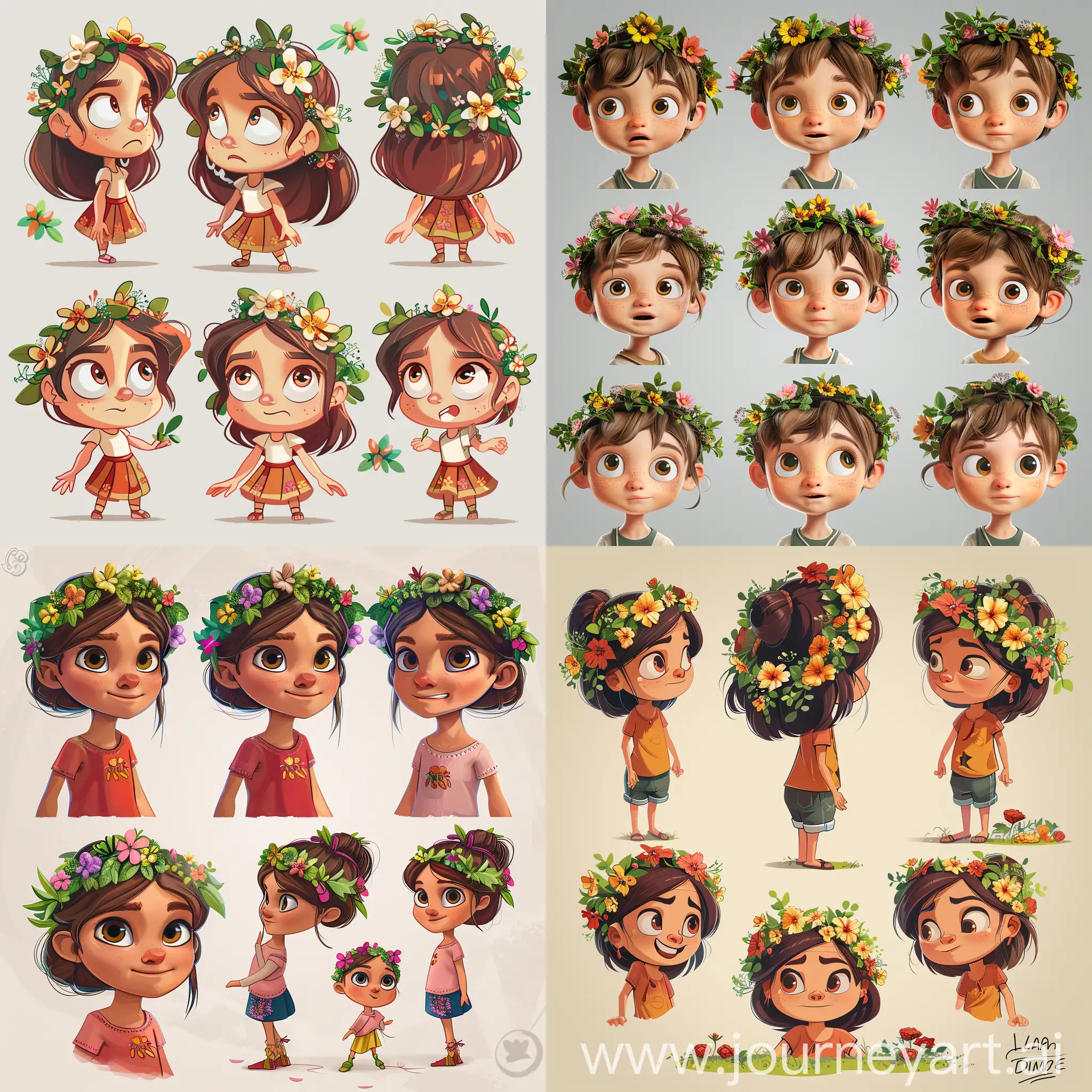 cute 16 year old girl character named Lara wears a wreath of flowers on his head, character sheet, 3 by 2 characters, in different poses, cartoon style, whimsical children's book illustration, colorful story telling, child-like innocence, noise reduction and fine detail, realistic textures, color grading, retouching