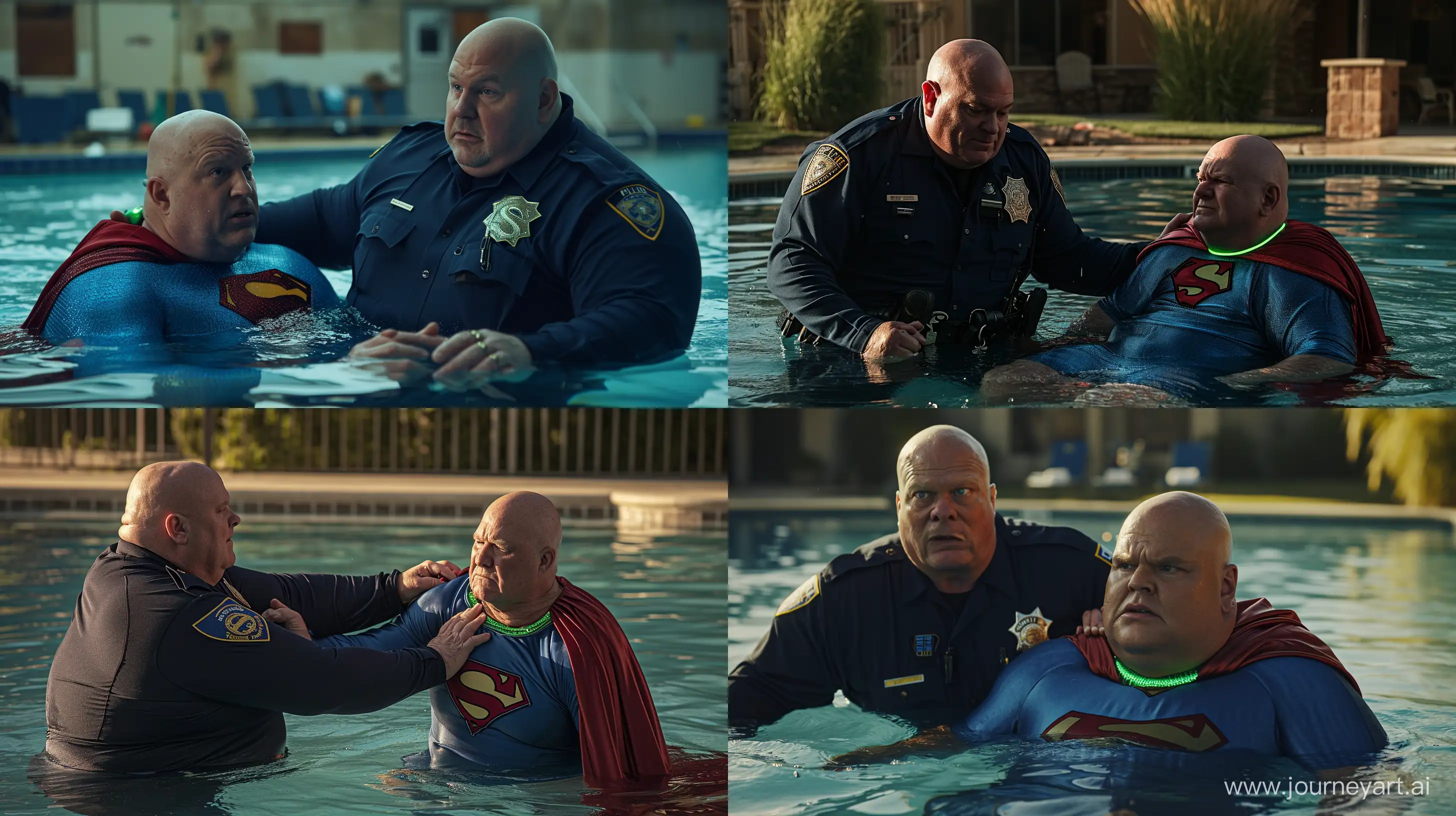 A closeup photo of a serious chubby man aged 60 wearing a long-sleeved navy police uniform arresting another chubby man aged 60 sitting in the water and wearing a tight blue silky superman costume large red cape and a green glowing small short dog collar. Swimming Pool. Natural Light. Bald. Clean Shaven. --style raw --ar 16:9 --v 6